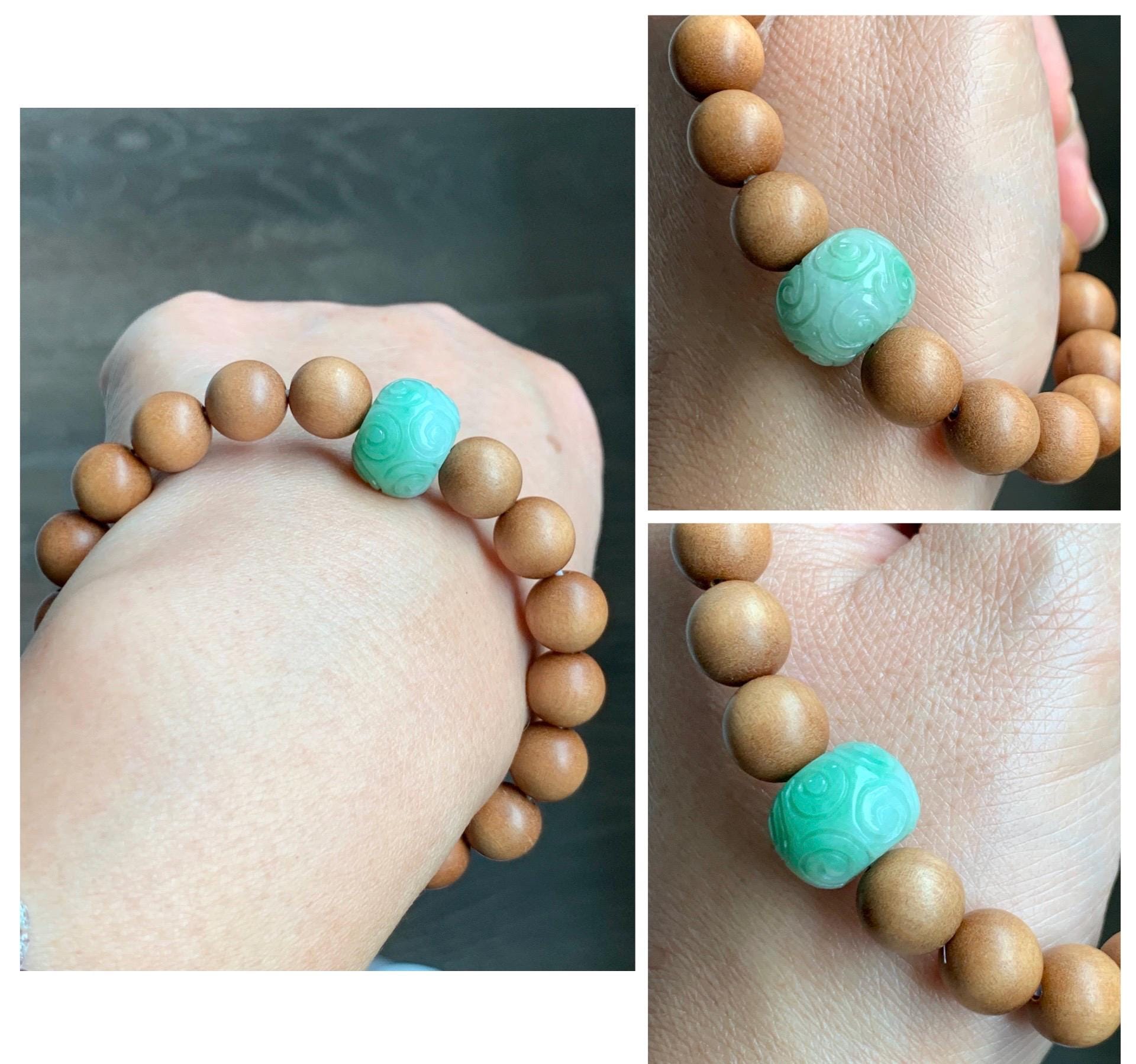 Natural Grade A Icy Translucent Light Apple Green Jade Jadeite Engraved Barrel Bead Beaded Bracelet 7.25” 15g 天然冰浅果绿翡翠桶珠木珠手串 MGL99B