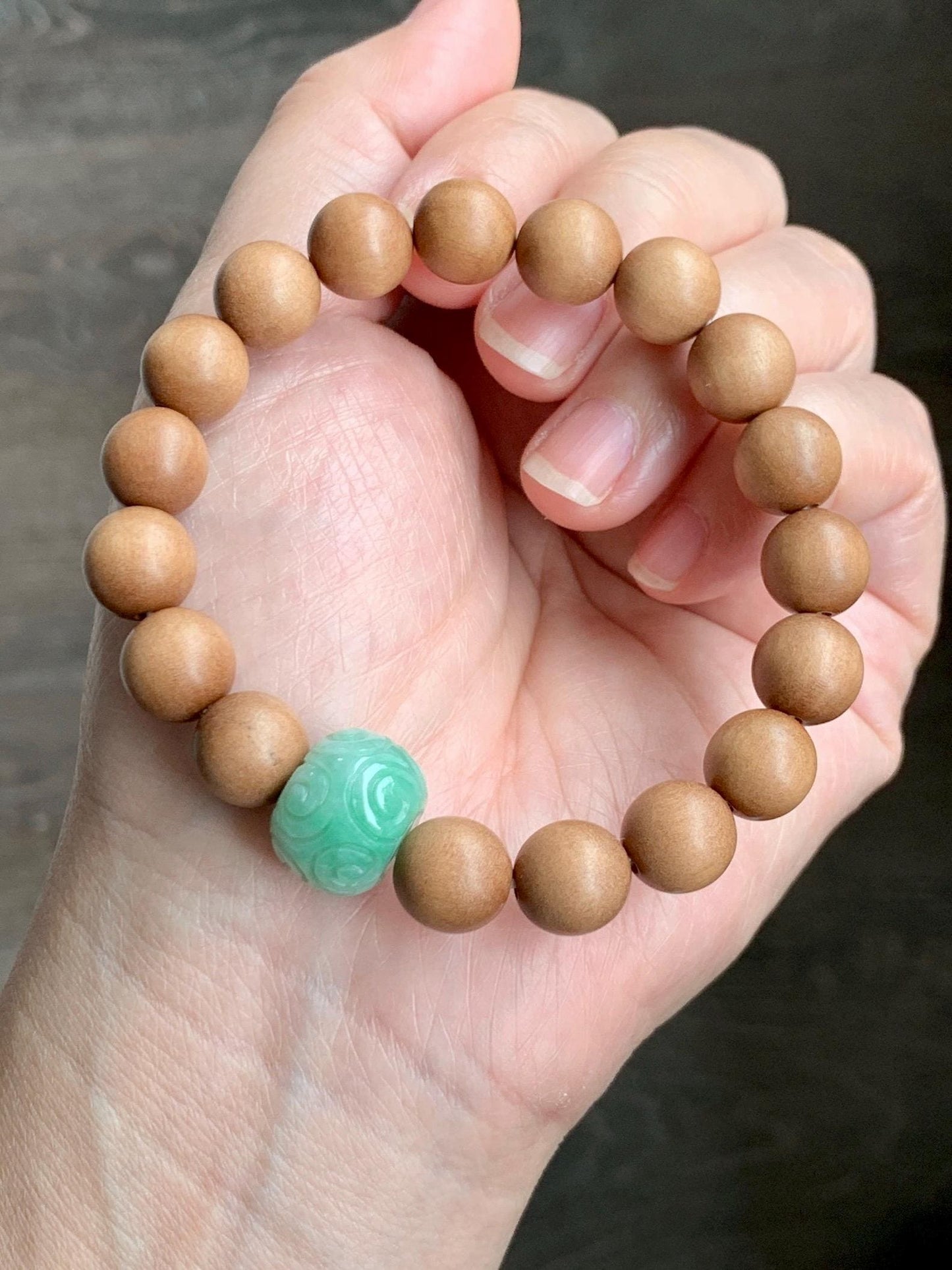 Natural Grade A Icy Translucent Light Apple Green Jade Jadeite Engraved Barrel Bead Beaded Bracelet 7.25” 15g 天然冰浅果绿翡翠桶珠木珠手串 MGL99B