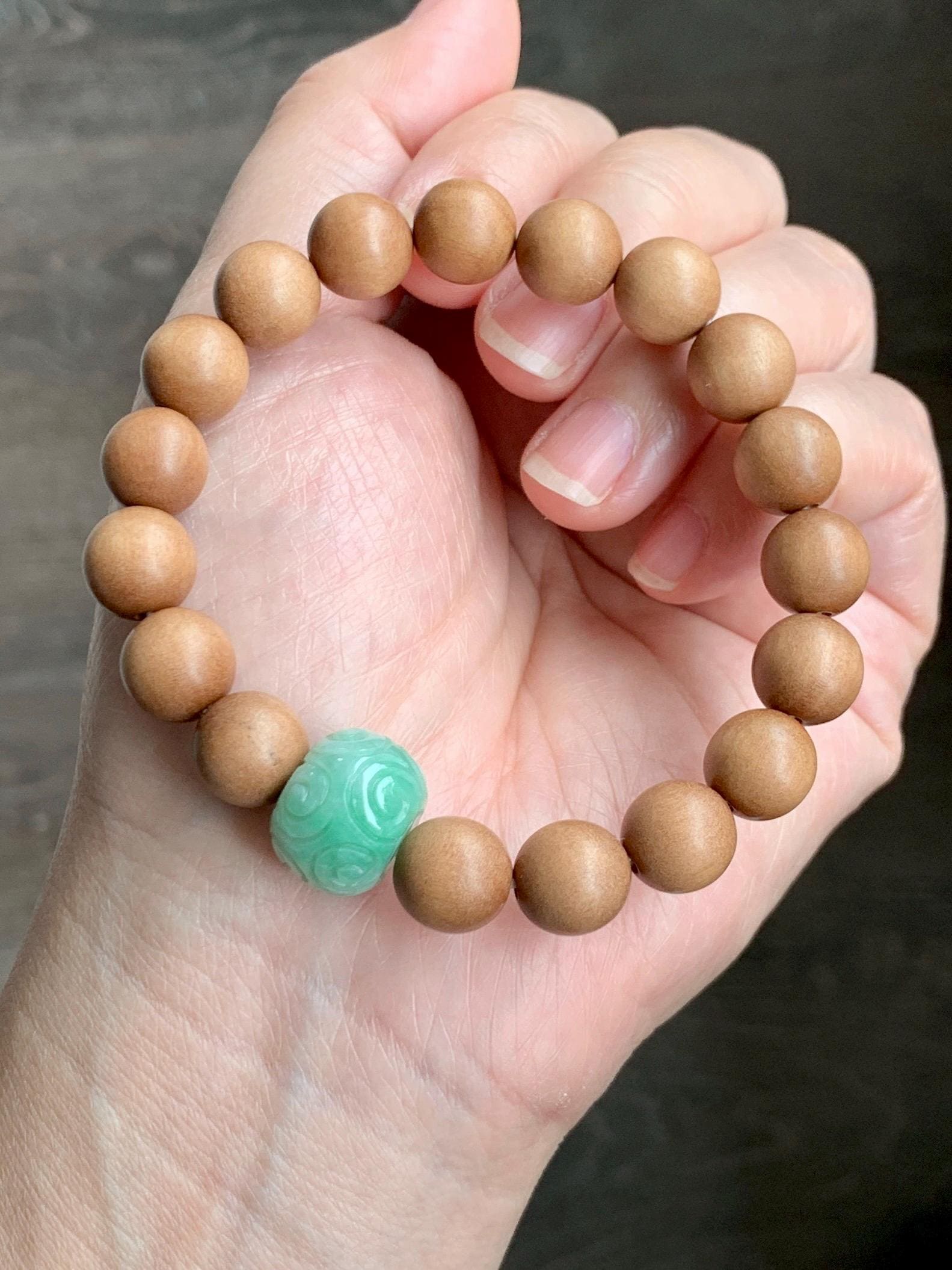 Natural Grade A Icy Translucent Light Apple Green Jade Jadeite Engraved Barrel Bead Beaded Bracelet 7.25” 15g 天然冰浅果绿翡翠桶珠木珠手串 MGL99B
