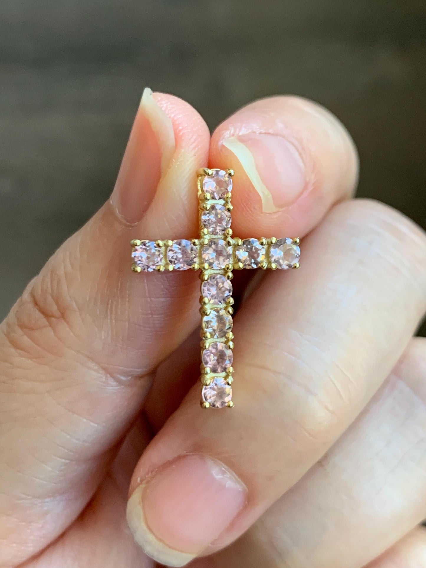 Natural Genuine Blush Pink Color Change Garnet Cross Pendant Sterling Silver with Yellow Gold Overlay 2g c453
