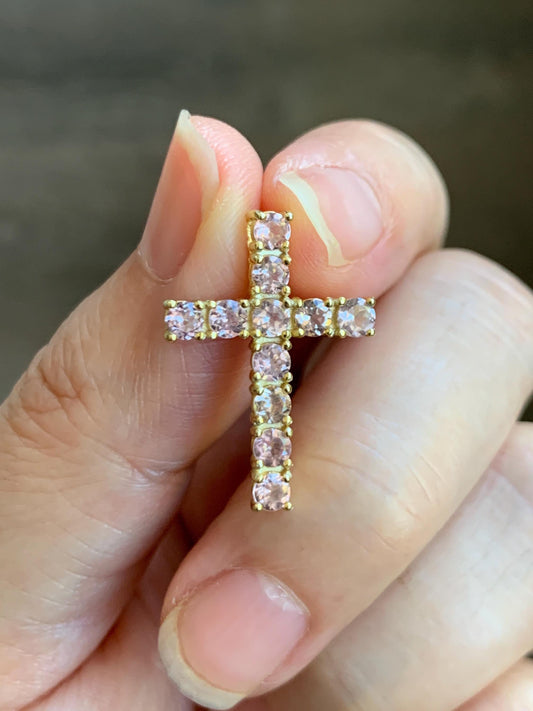Natural Genuine Blush Pink Color Change Garnet Cross Pendant Sterling Silver with Yellow Gold Overlay 2g c453