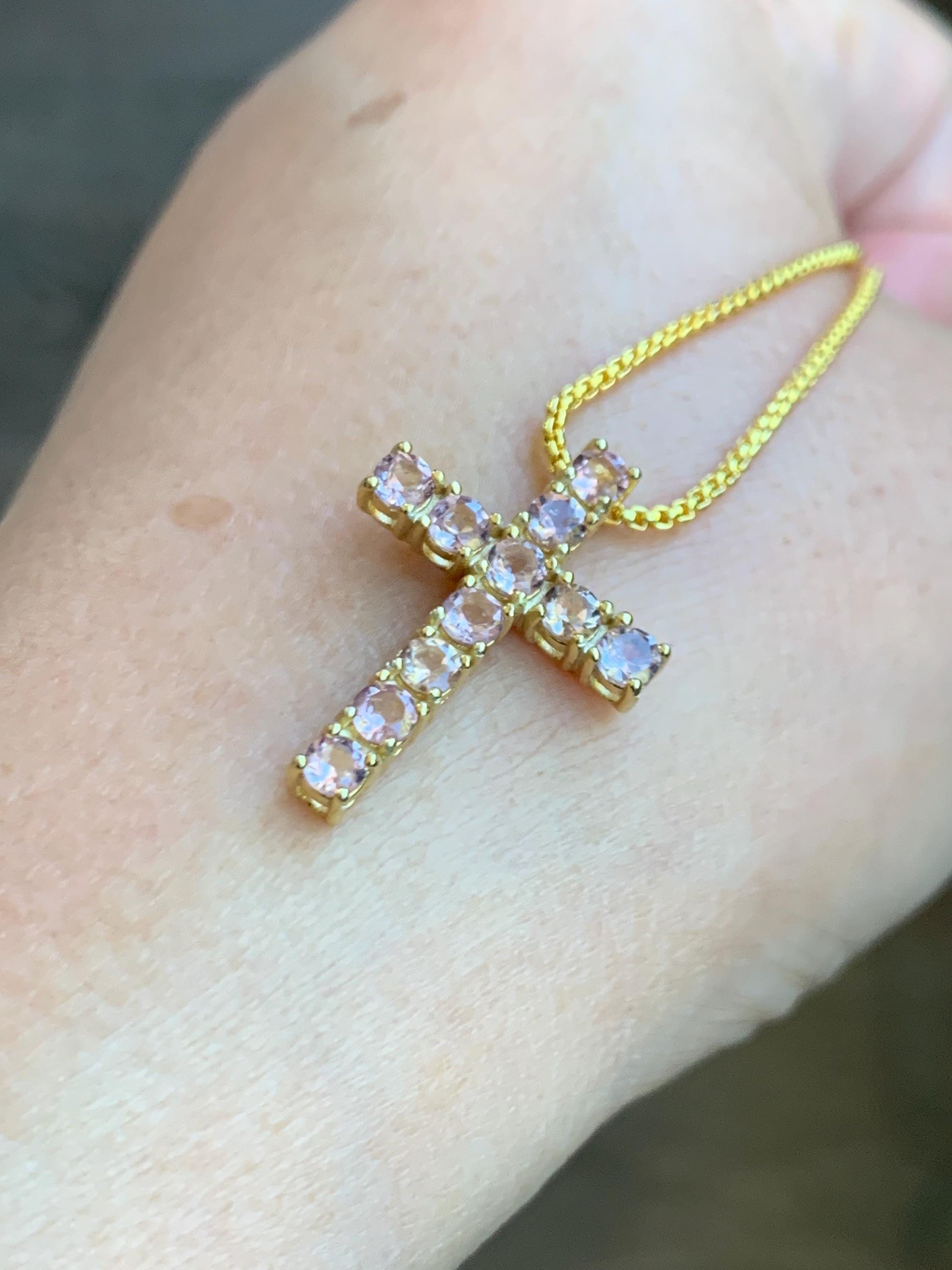 Natural Genuine Blush Pink Color Change Garnet Cross Pendant Sterling Silver with Yellow Gold Overlay 2g c453