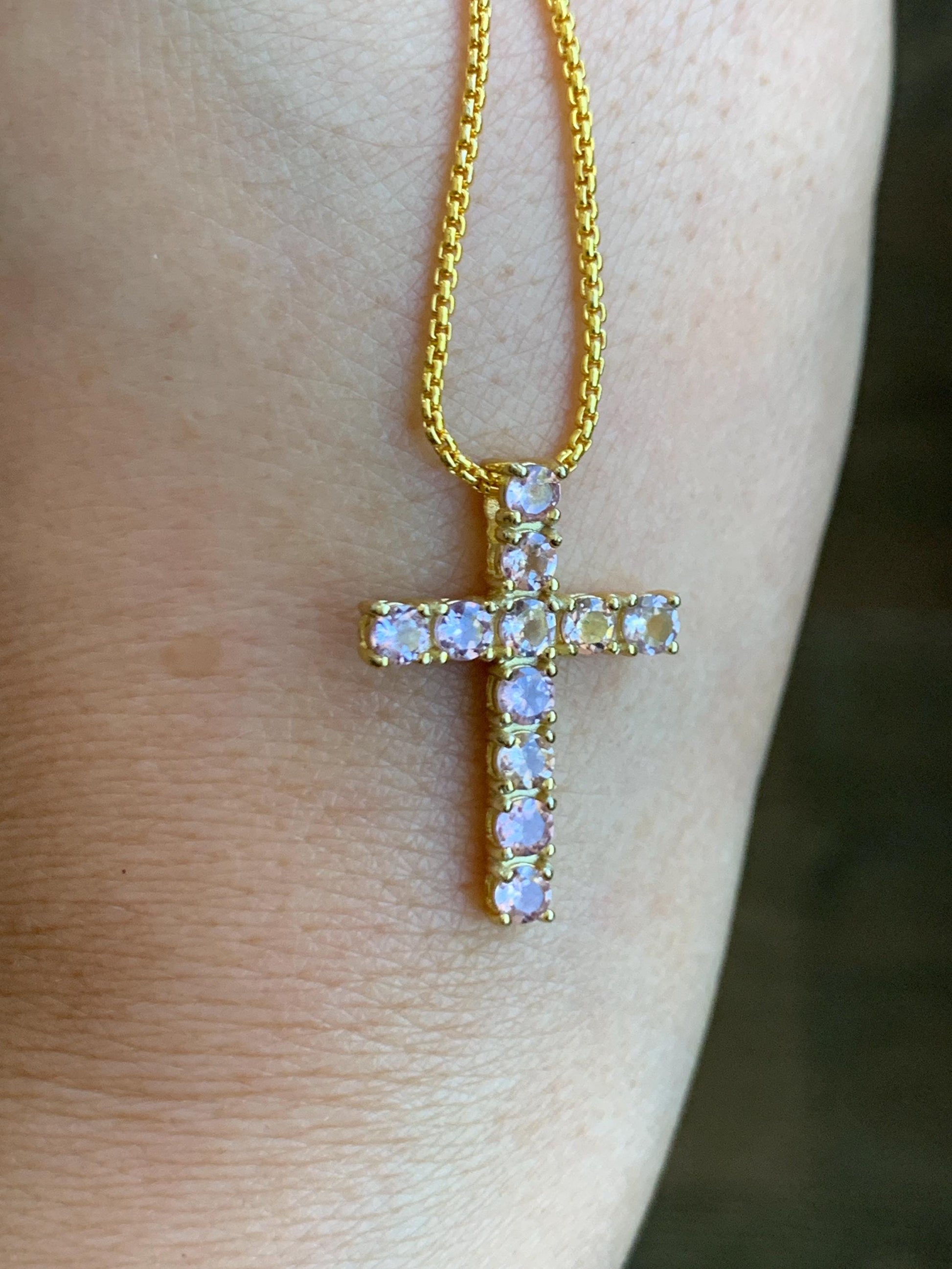 Natural Genuine Blush Pink Color Change Garnet Cross Pendant Sterling Silver with Yellow Gold Overlay 2g c453