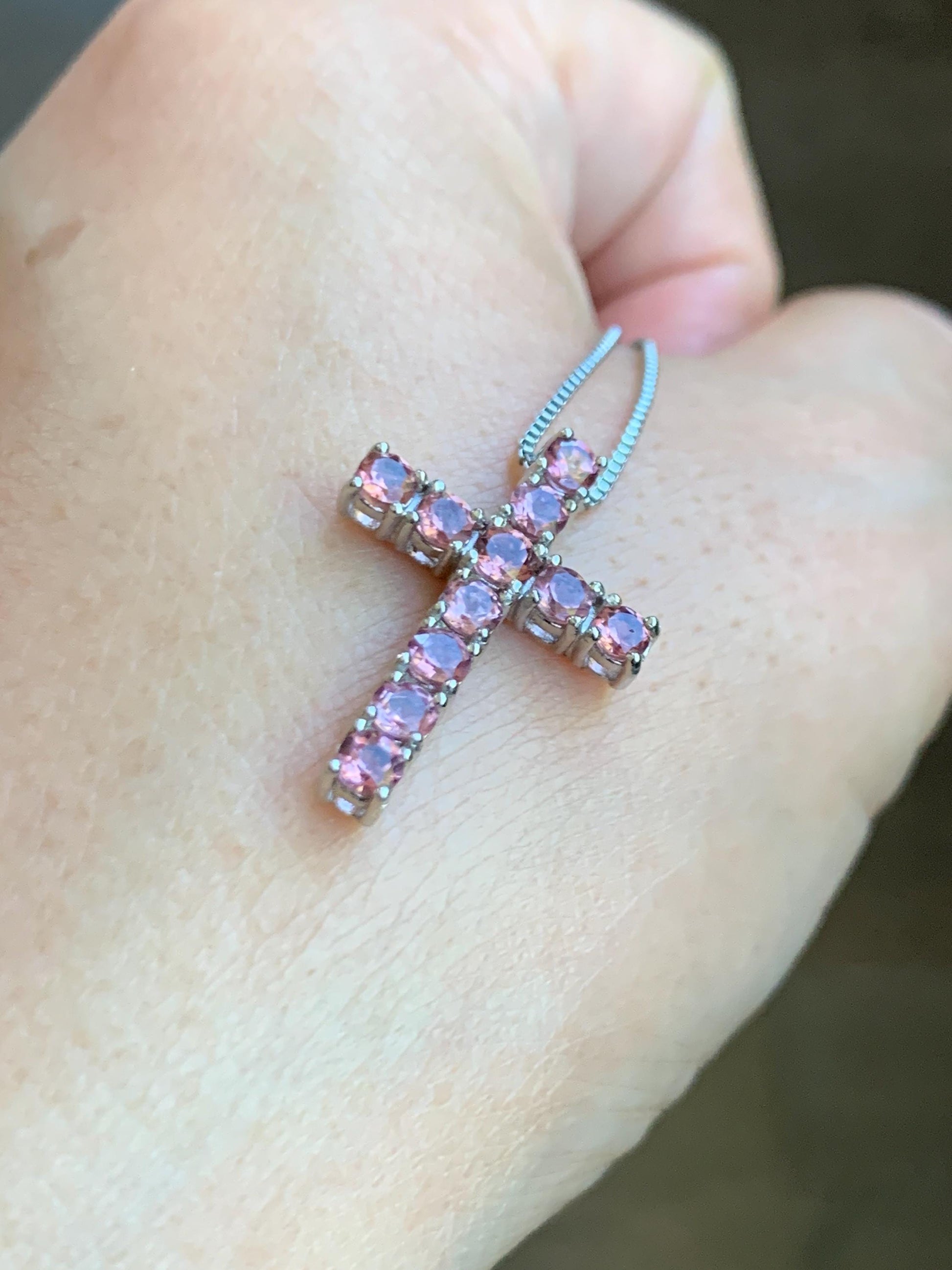 Natural Genuine Dark Pink Color Change Garnet Cross Pendant Sterling Silver 2g c453-silver