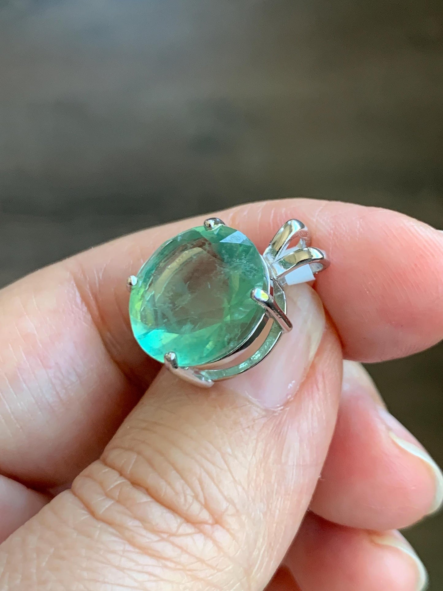 Natural Genuine Untreated Green Fluorite Large Round Solitaire Pendant 925 Sterling Silver 14mm 3g c234