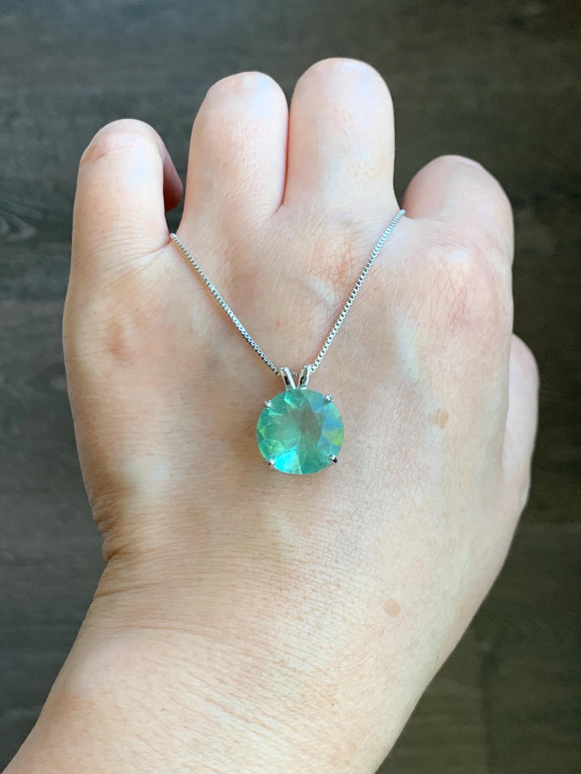 Natural Genuine Untreated Green Fluorite Large Round Solitaire Pendant 925 Sterling Silver 14mm 3g c234