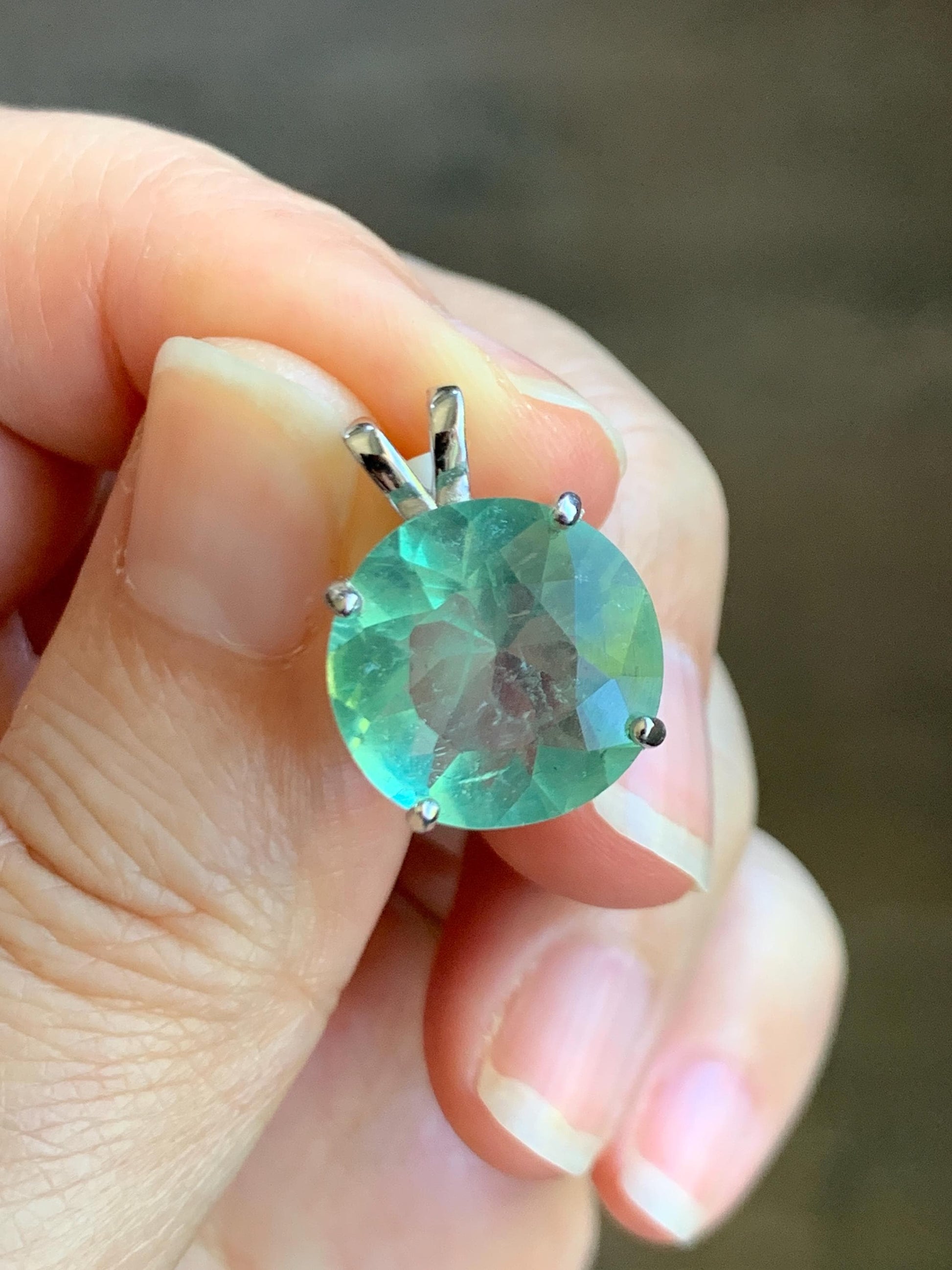 Natural Genuine Untreated Green Fluorite Large Round Solitaire Pendant 925 Sterling Silver 14mm 3g c234