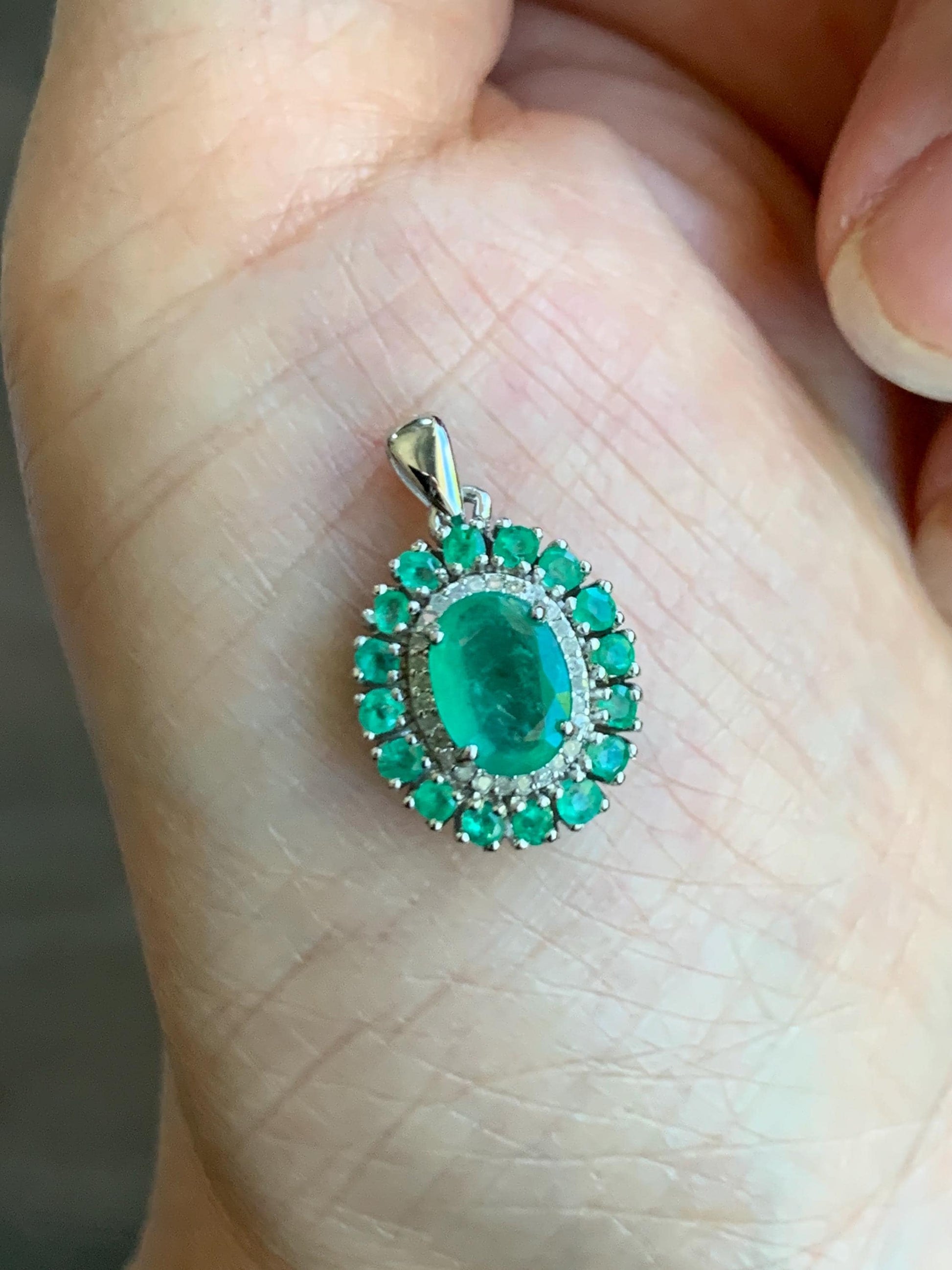 Natural Genuine Zambian Emerald Pendant with Natural Emeralds and Natural Diamonds 925 Sterling Silver 2g c366