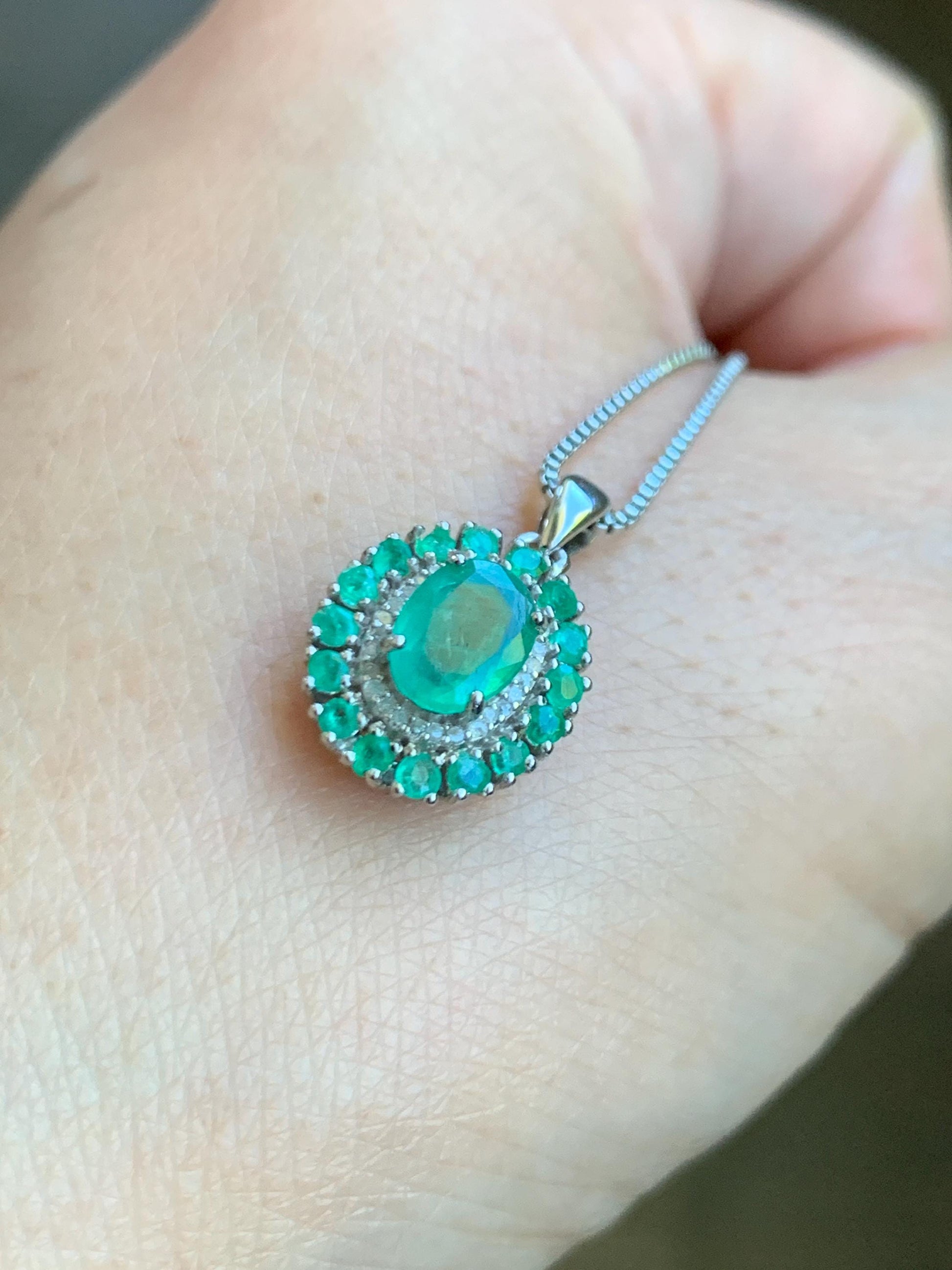 Natural Genuine Zambian Emerald Pendant with Natural Emeralds and Natural Diamonds 925 Sterling Silver 2g c366