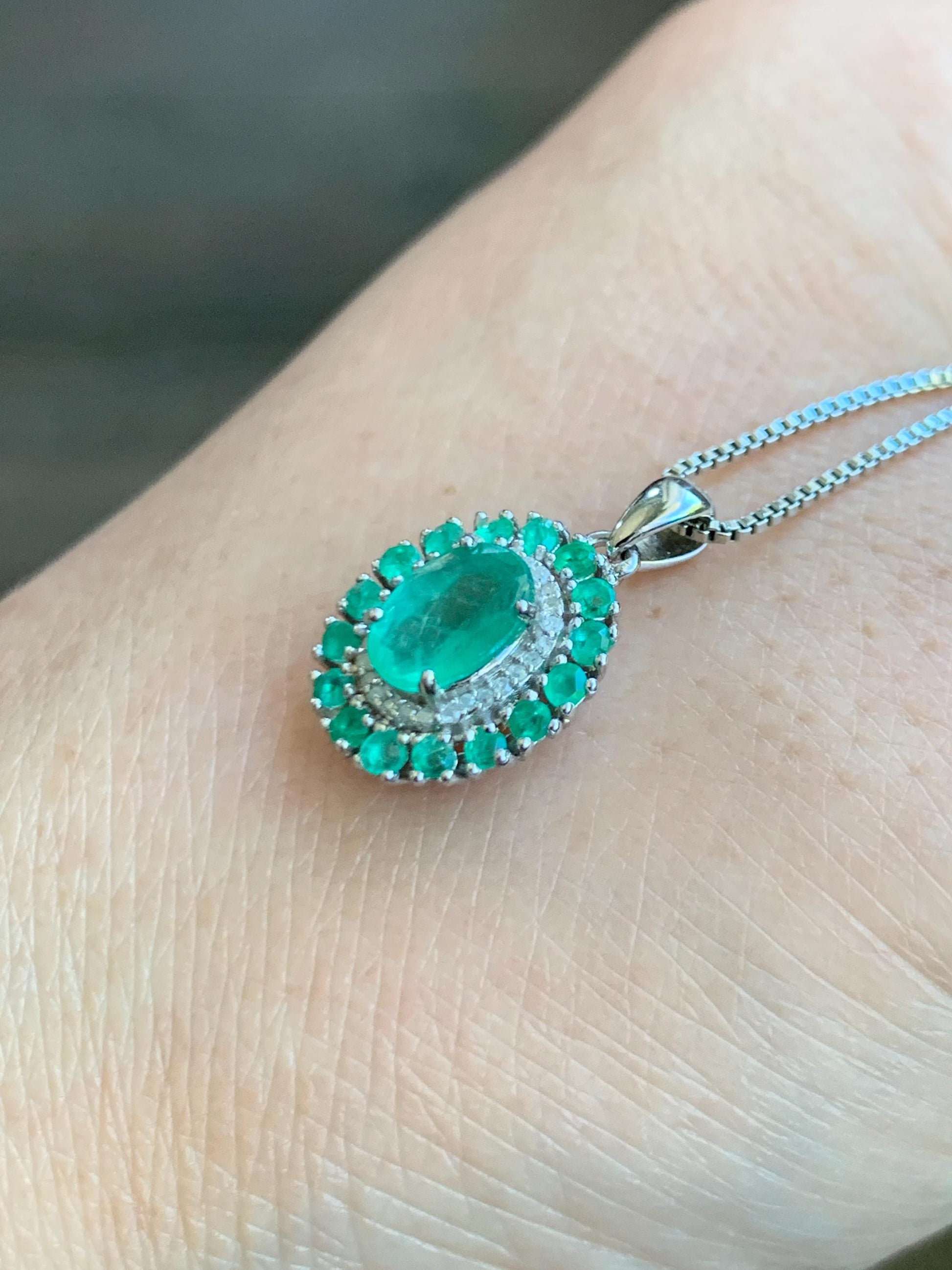 Natural Genuine Zambian Emerald Pendant with Natural Emeralds and Natural Diamonds 925 Sterling Silver 2g c366