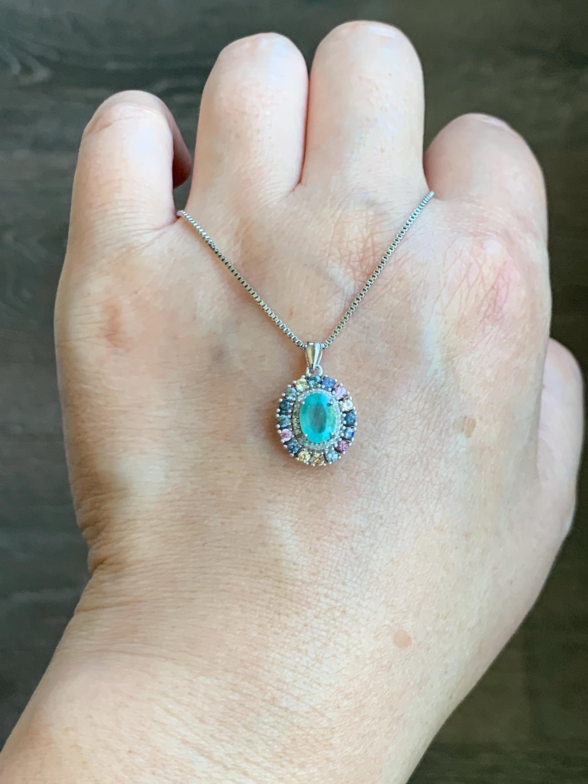 Natural Genuine Zambian Emerald Pendant with Natural Multicolored Rainbow Sapphires and Diamonds 925 Sterling Silver c386