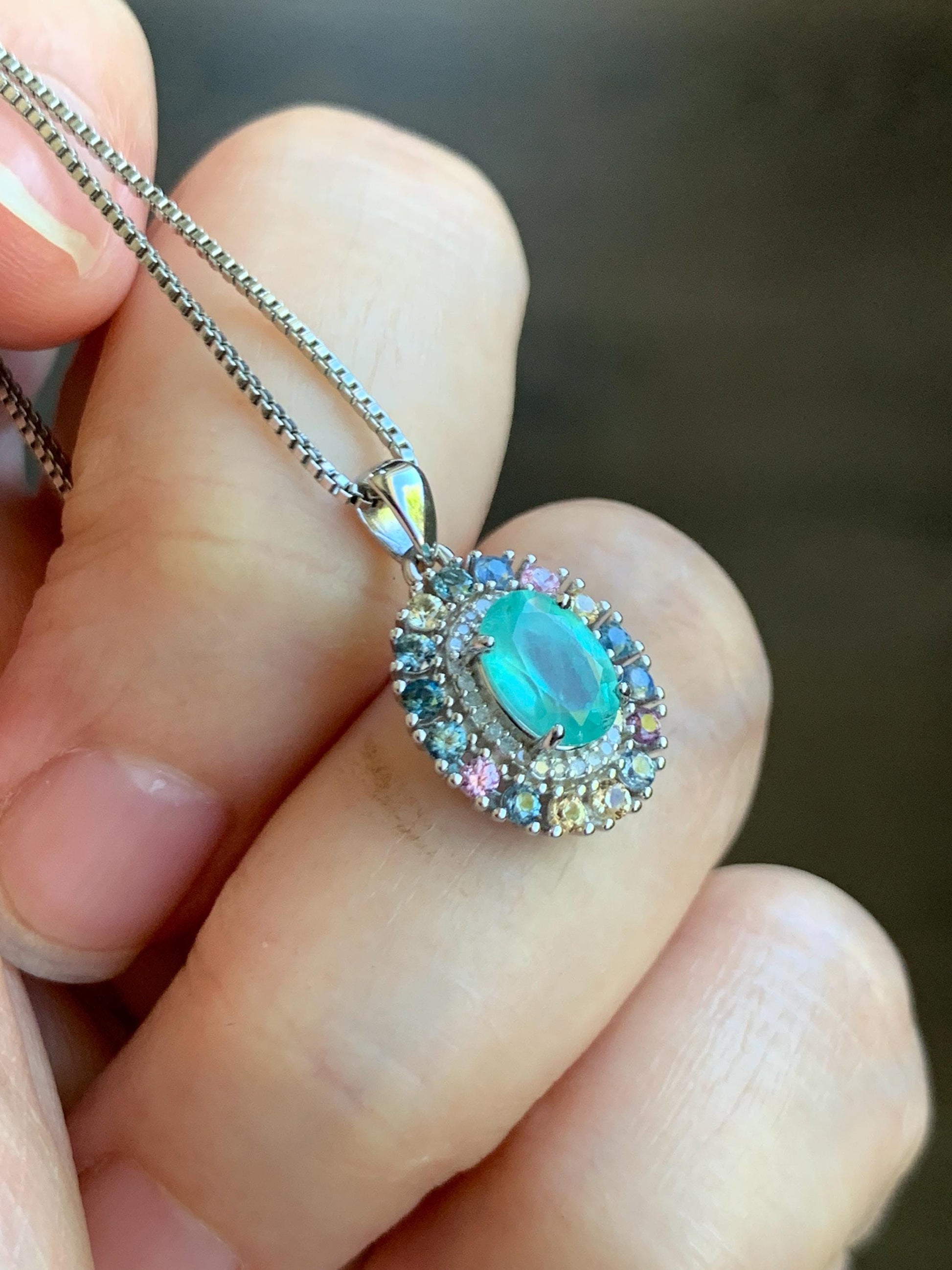 Natural Genuine Zambian Emerald Pendant with Natural Multicolored Rainbow Sapphires and Diamonds 925 Sterling Silver c386