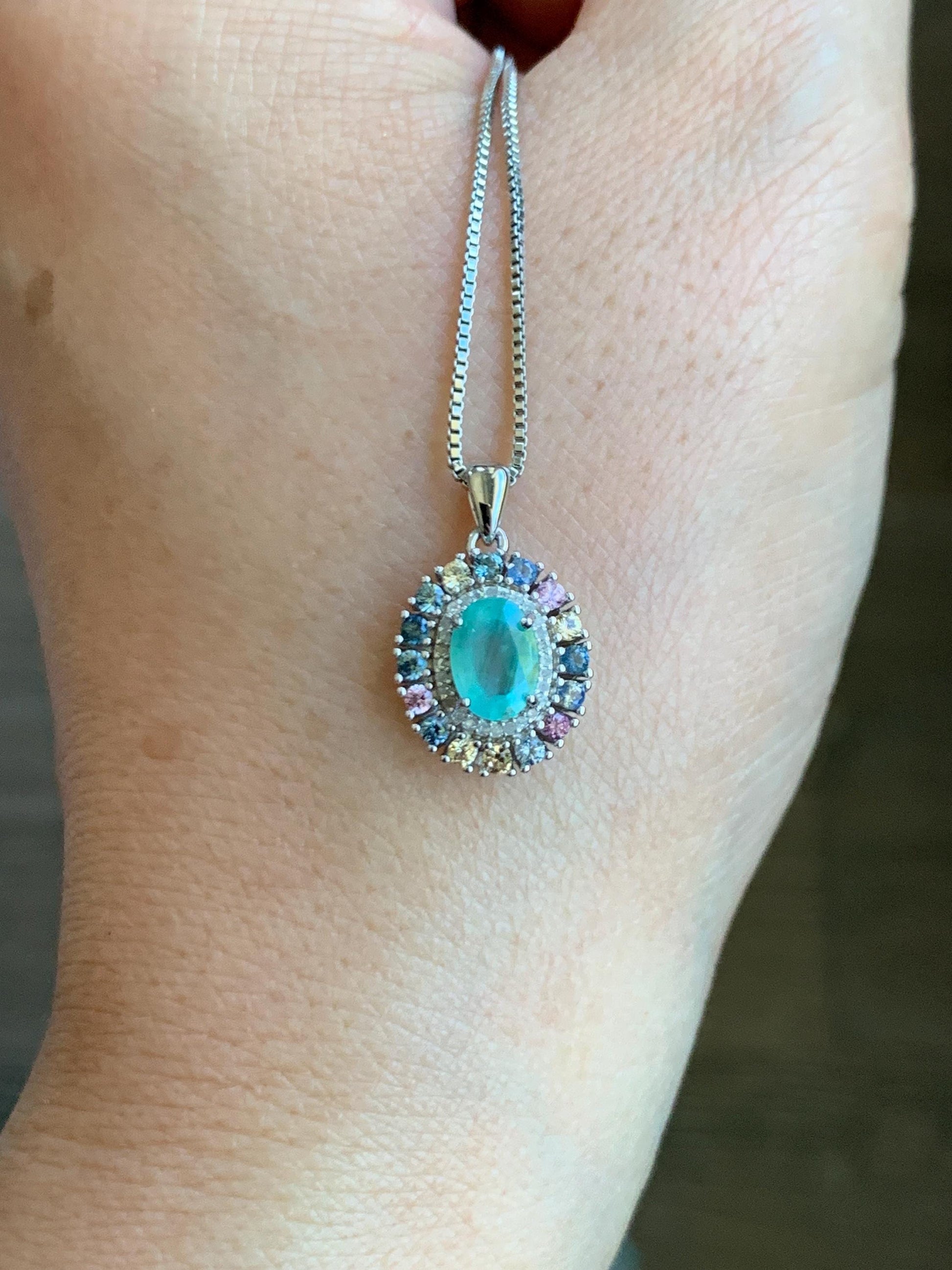 Natural Genuine Zambian Emerald Pendant with Natural Multicolored Rainbow Sapphires and Diamonds 925 Sterling Silver c386