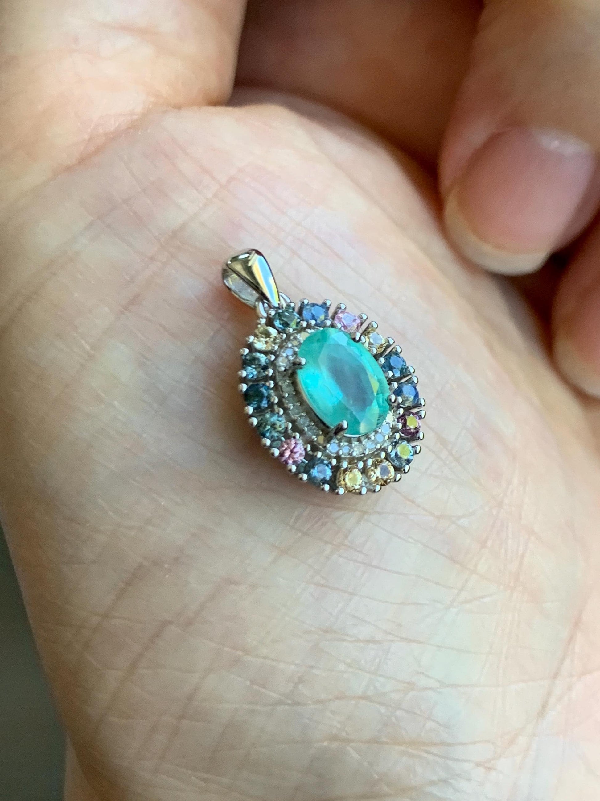 Natural Genuine Zambian Emerald Pendant with Natural Multicolored Rainbow Sapphires and Diamonds 925 Sterling Silver c386