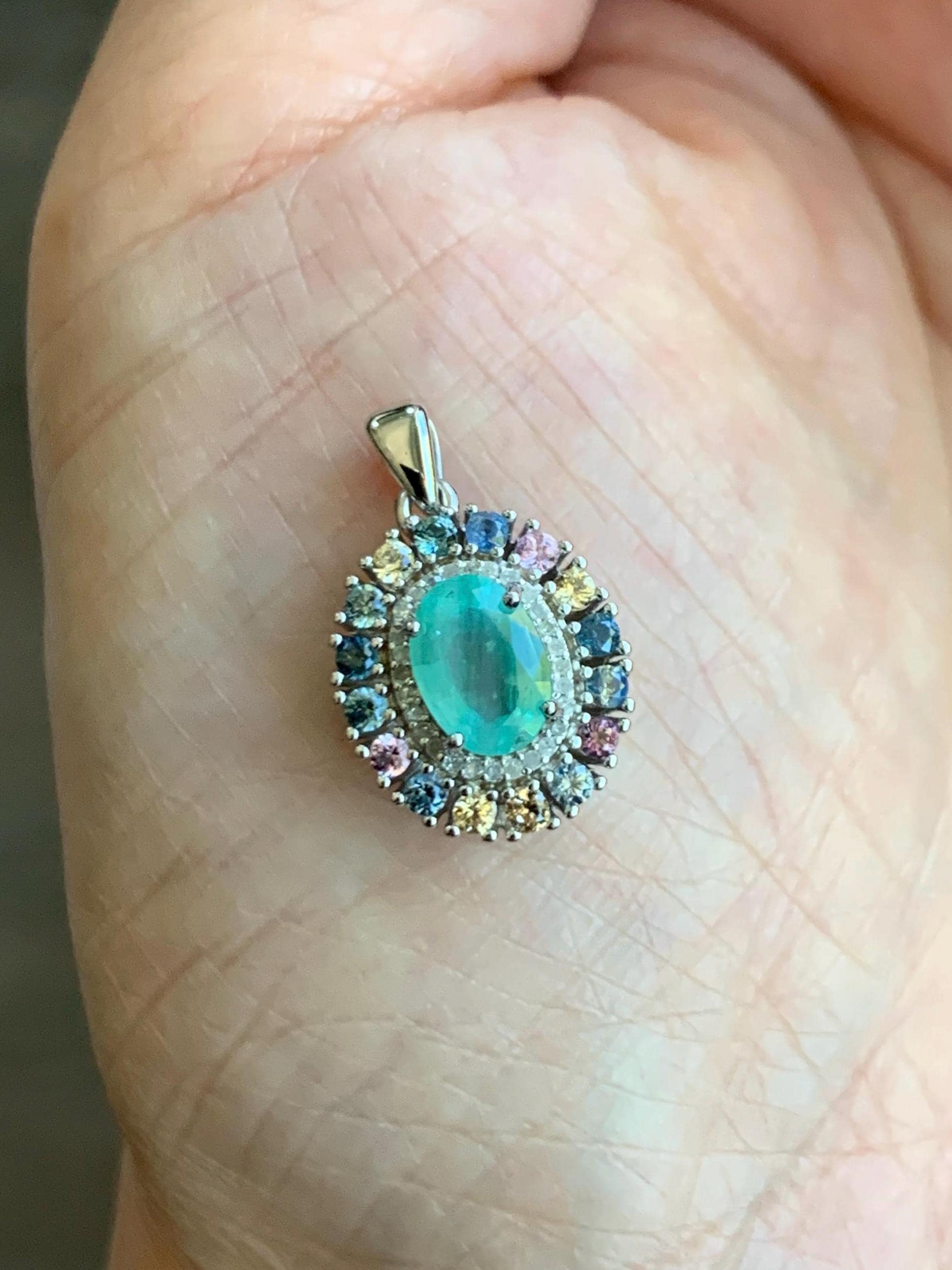 Natural Genuine Zambian Emerald Pendant with Natural Multicolored Rainbow Sapphires and Diamonds 925 Sterling Silver c386