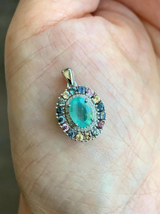 Natural Genuine Zambian Emerald Pendant with Natural Multicolored Rainbow Sapphires and Diamonds 925 Sterling Silver c386