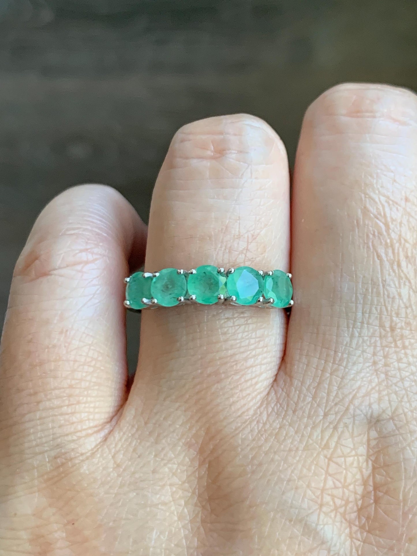 Natural Genuine Zambian Emerald 5-Stone Band Ring Round Brilliant Cut 4.5-4.6m Sterling Silver Size 9 US 2g c379