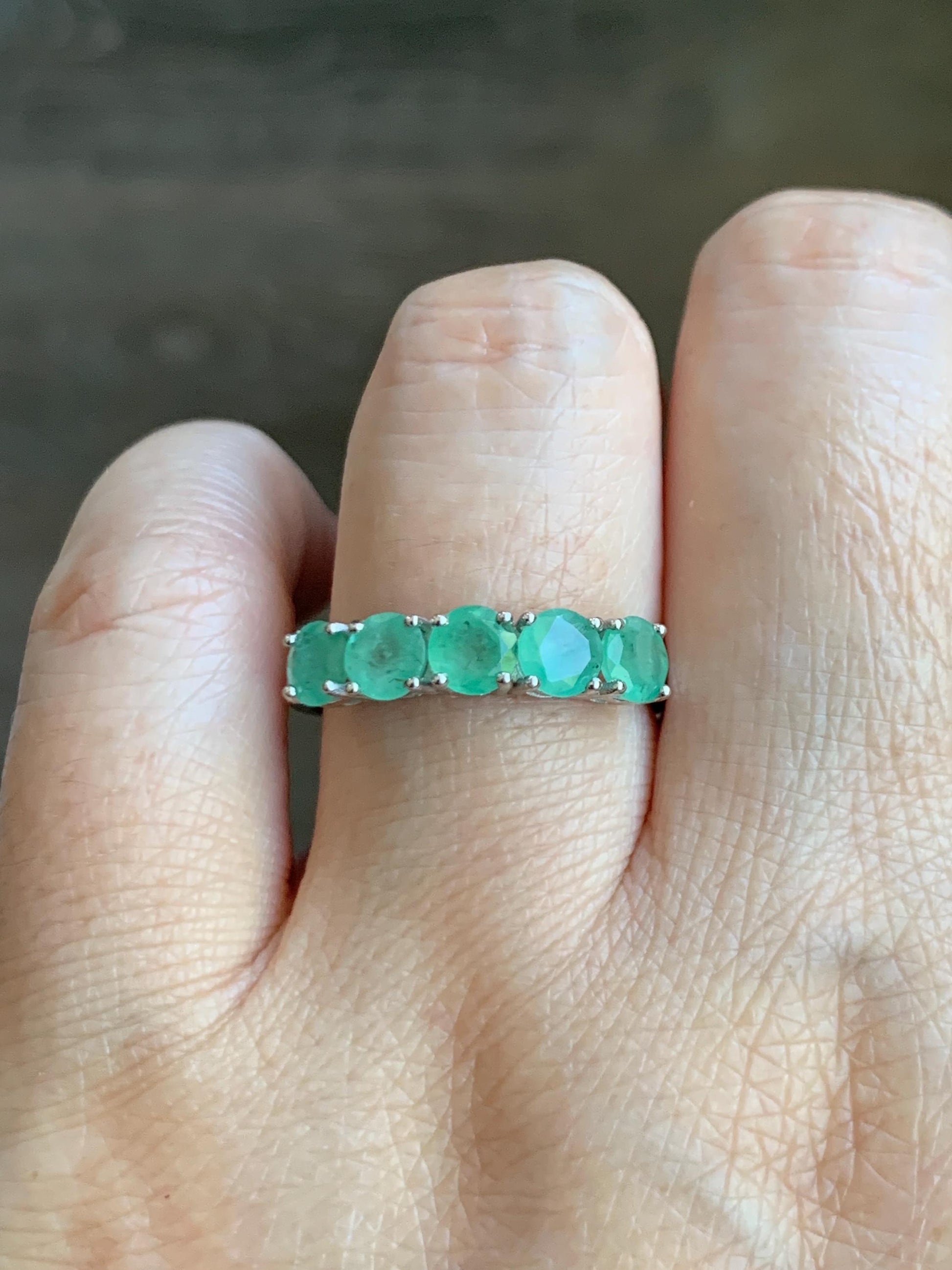 Natural Genuine Zambian Emerald 5-Stone Band Ring Round Brilliant Cut 4.5-4.6m Sterling Silver Size 9 US 2g c379