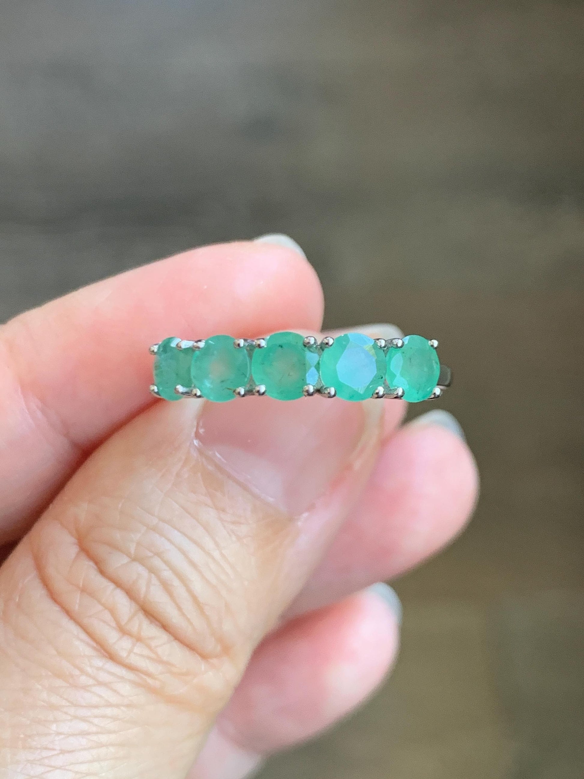 Natural Genuine Zambian Emerald 5-Stone Band Ring Round Brilliant Cut 4.5-4.6m Sterling Silver Size 9 US 2g c379