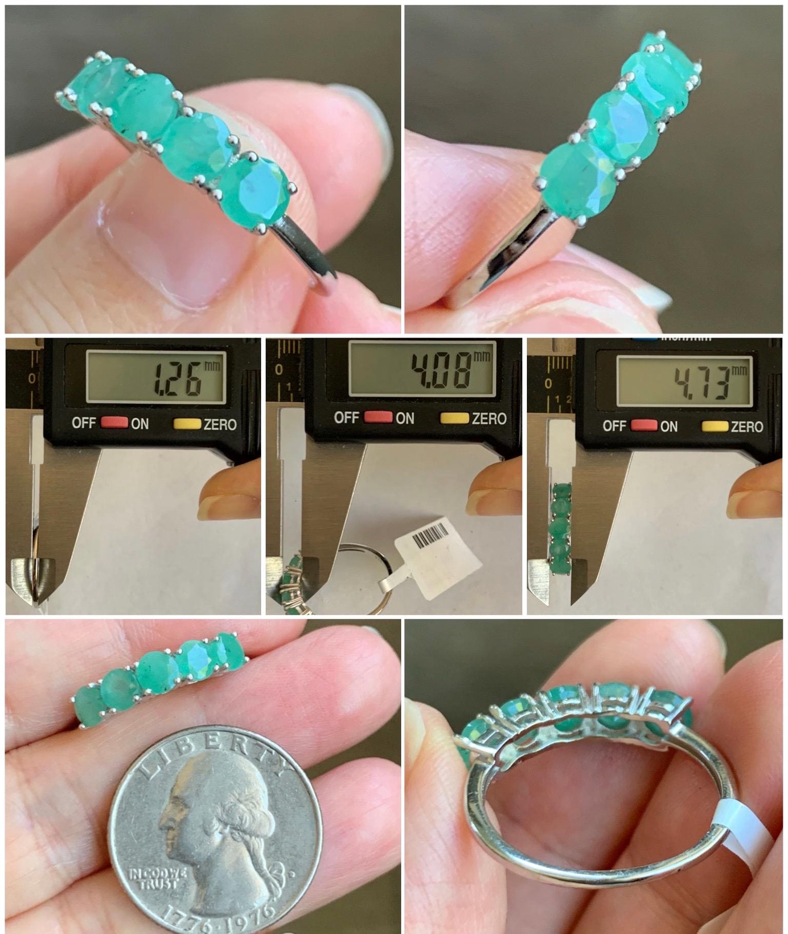 Natural Genuine Zambian Emerald 5-Stone Band Ring Round Brilliant Cut 4.6-4.7mm Sterling Silver Size 8 US 2g c378