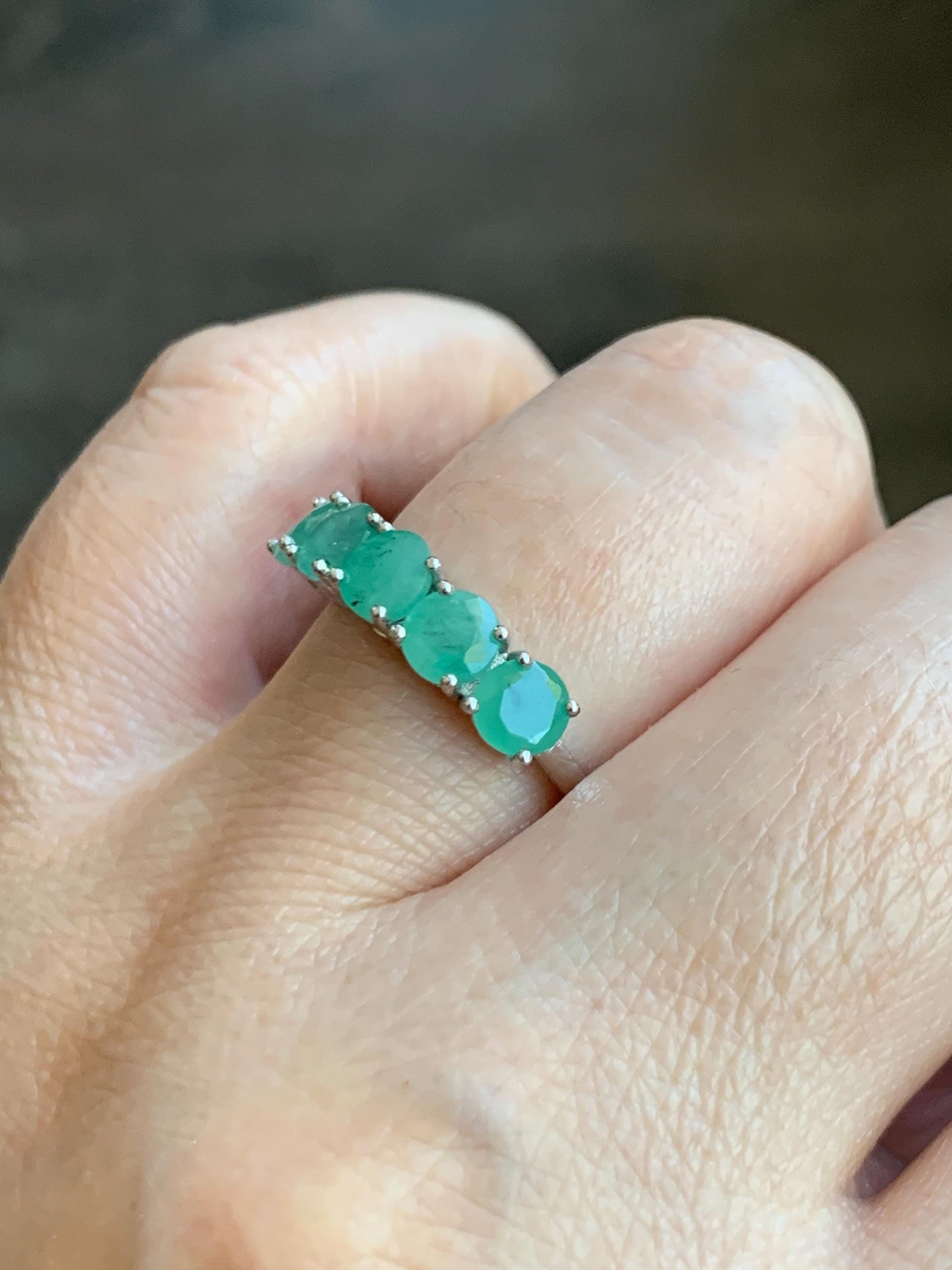 Natural Genuine Zambian Emerald 5-Stone Band Ring Round Brilliant Cut 4.6-4.7mm Sterling Silver Size 8 US 2g c378