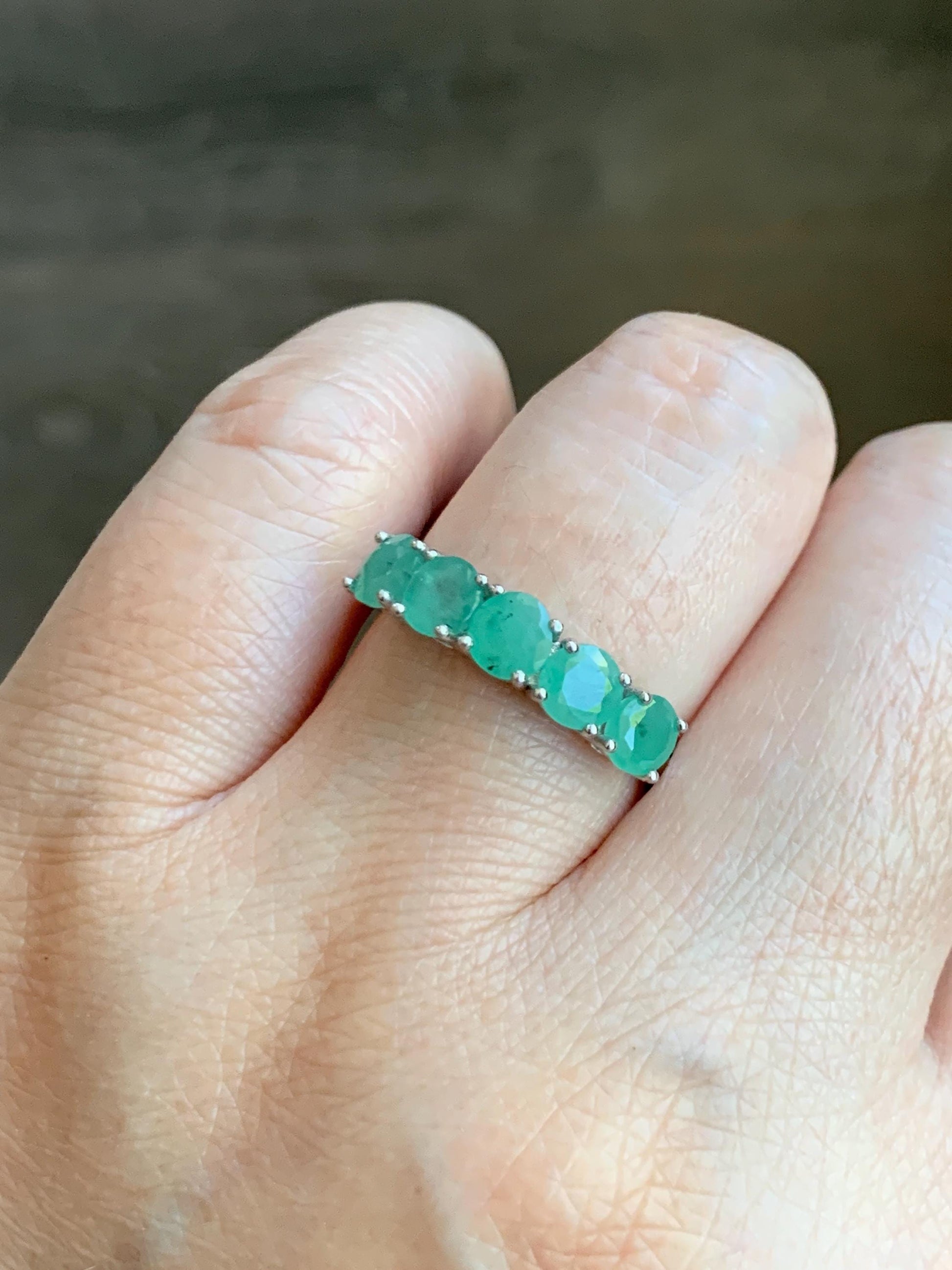 Natural Genuine Zambian Emerald 5-Stone Band Ring Round Brilliant Cut 4.6-4.7mm Sterling Silver Size 8 US 2g c378