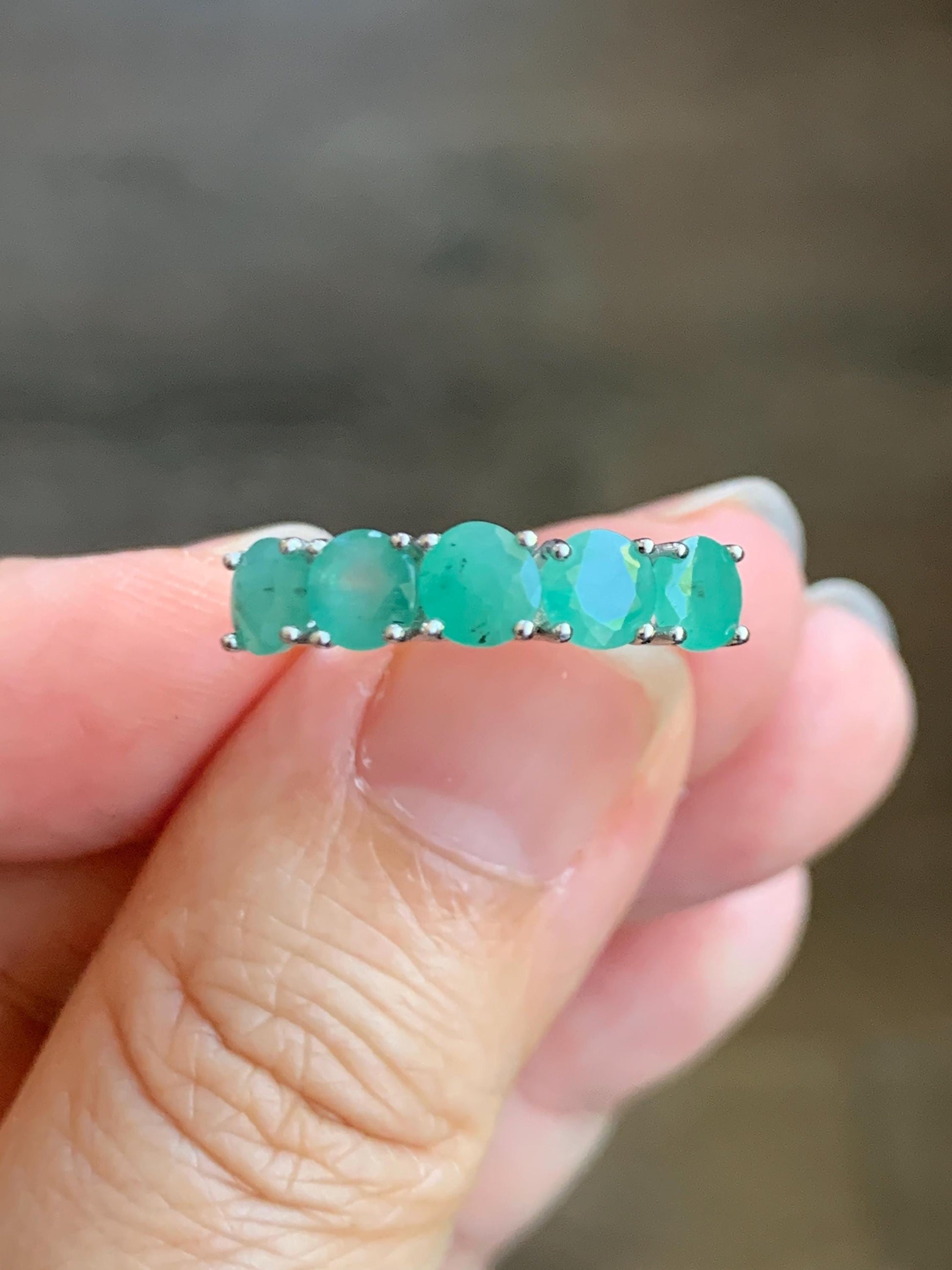 Natural Genuine Zambian Emerald 5-Stone Band Ring Round Brilliant Cut 4.6-4.7mm Sterling Silver Size 8 US 2g c378