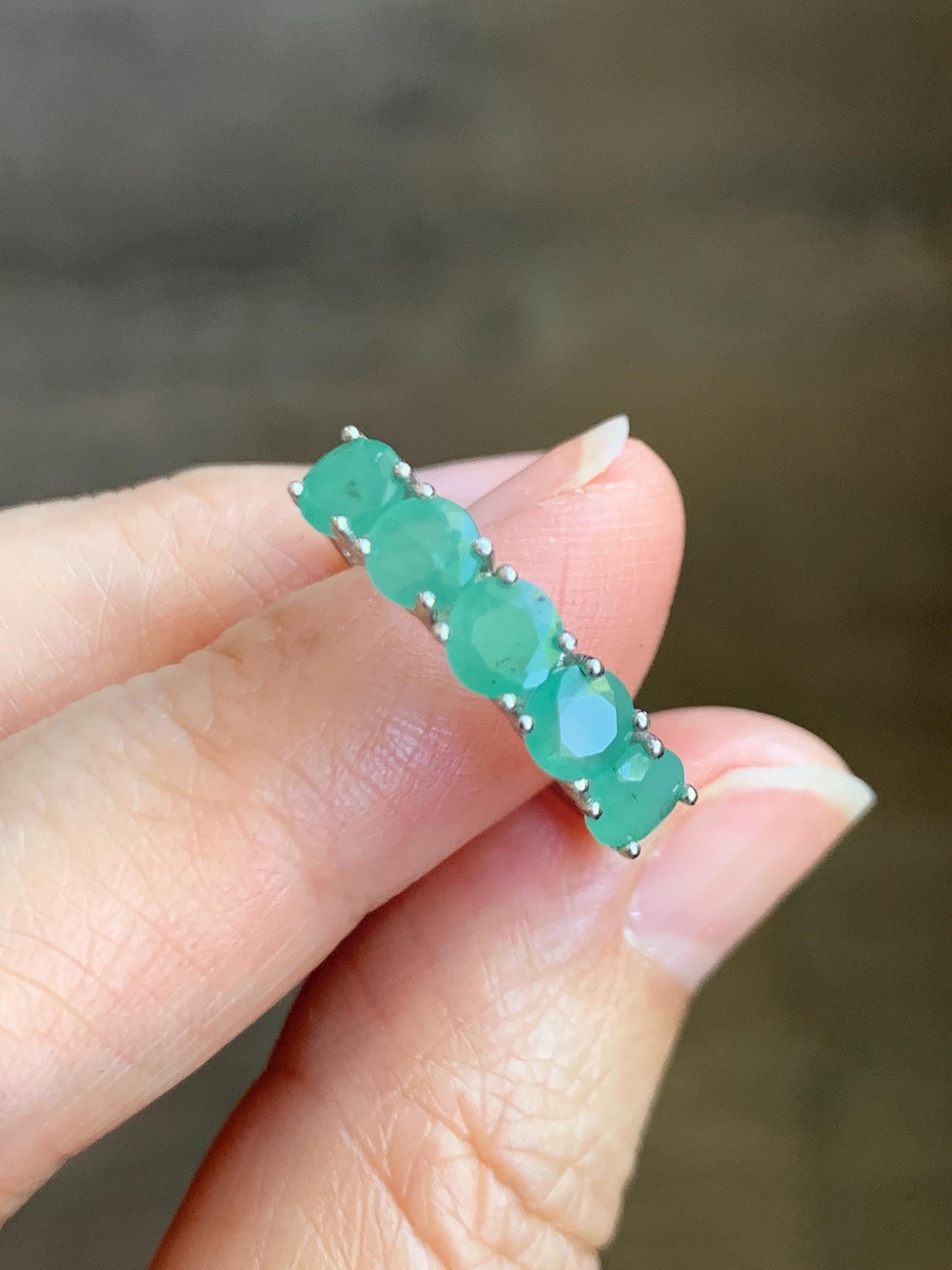 Natural Genuine Zambian Emerald 5-Stone Band Ring Round Brilliant Cut 4.6-4.7mm Sterling Silver Size 8 US 2g c378