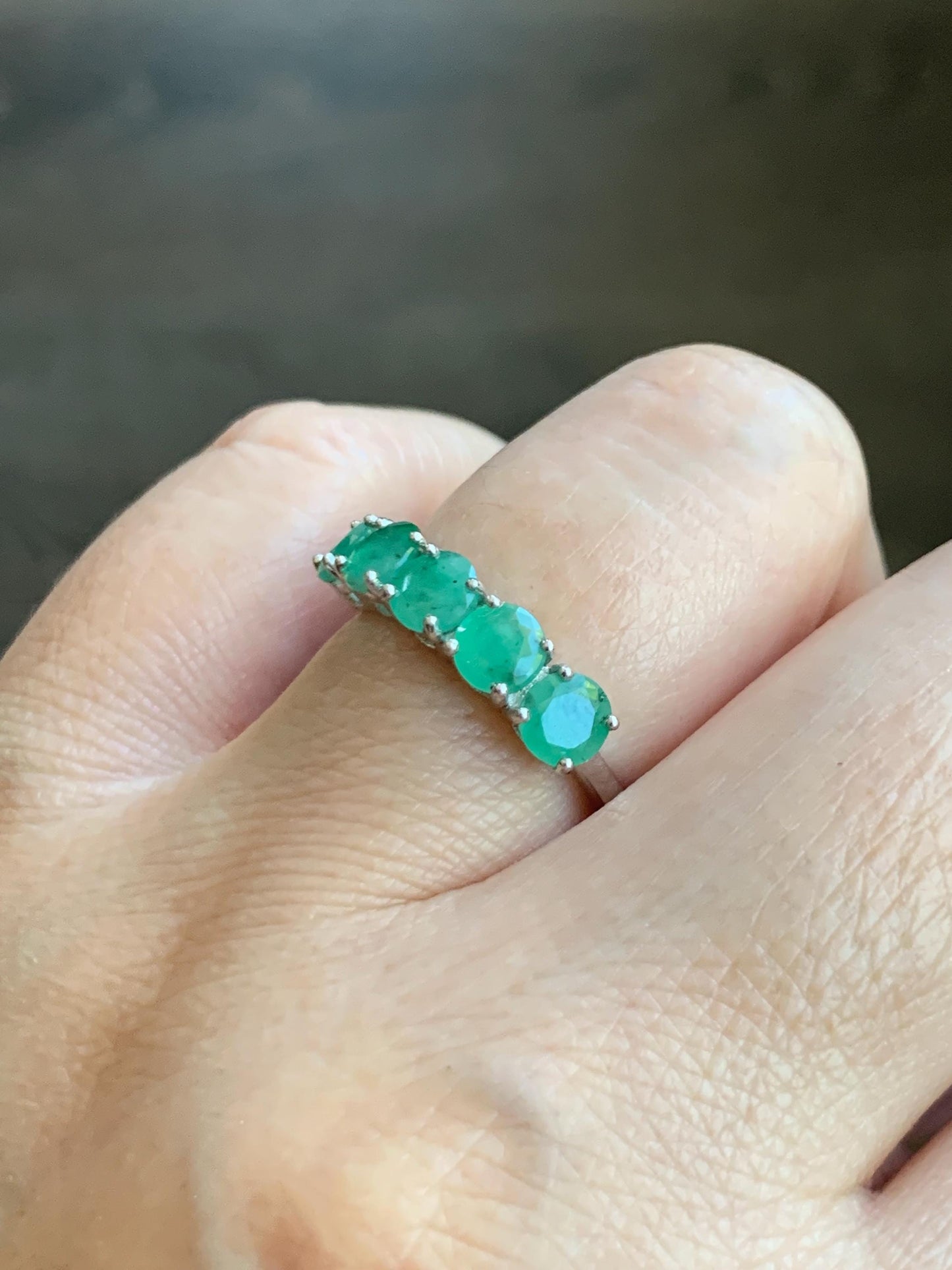 Natural Genuine Zambian Emerald 5-Stone Band Ring Round Brilliant Cut 4.5-4.6mm Sterling Silver Size 7 US 2g c377