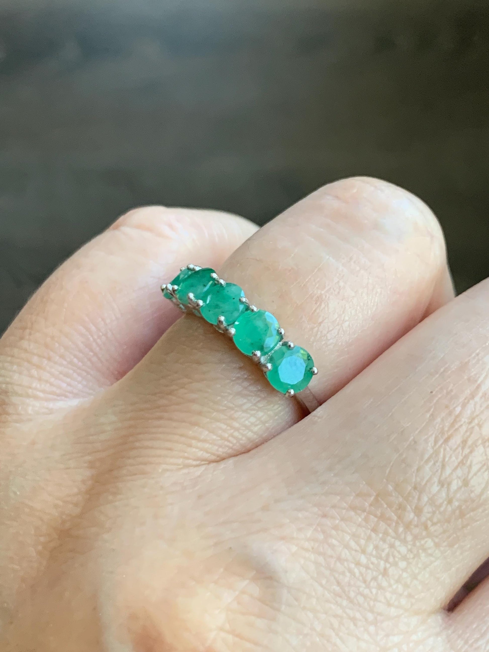 Natural Genuine Zambian Emerald 5-Stone Band Ring Round Brilliant Cut 4.5-4.6mm Sterling Silver Size 7 US 2g c377