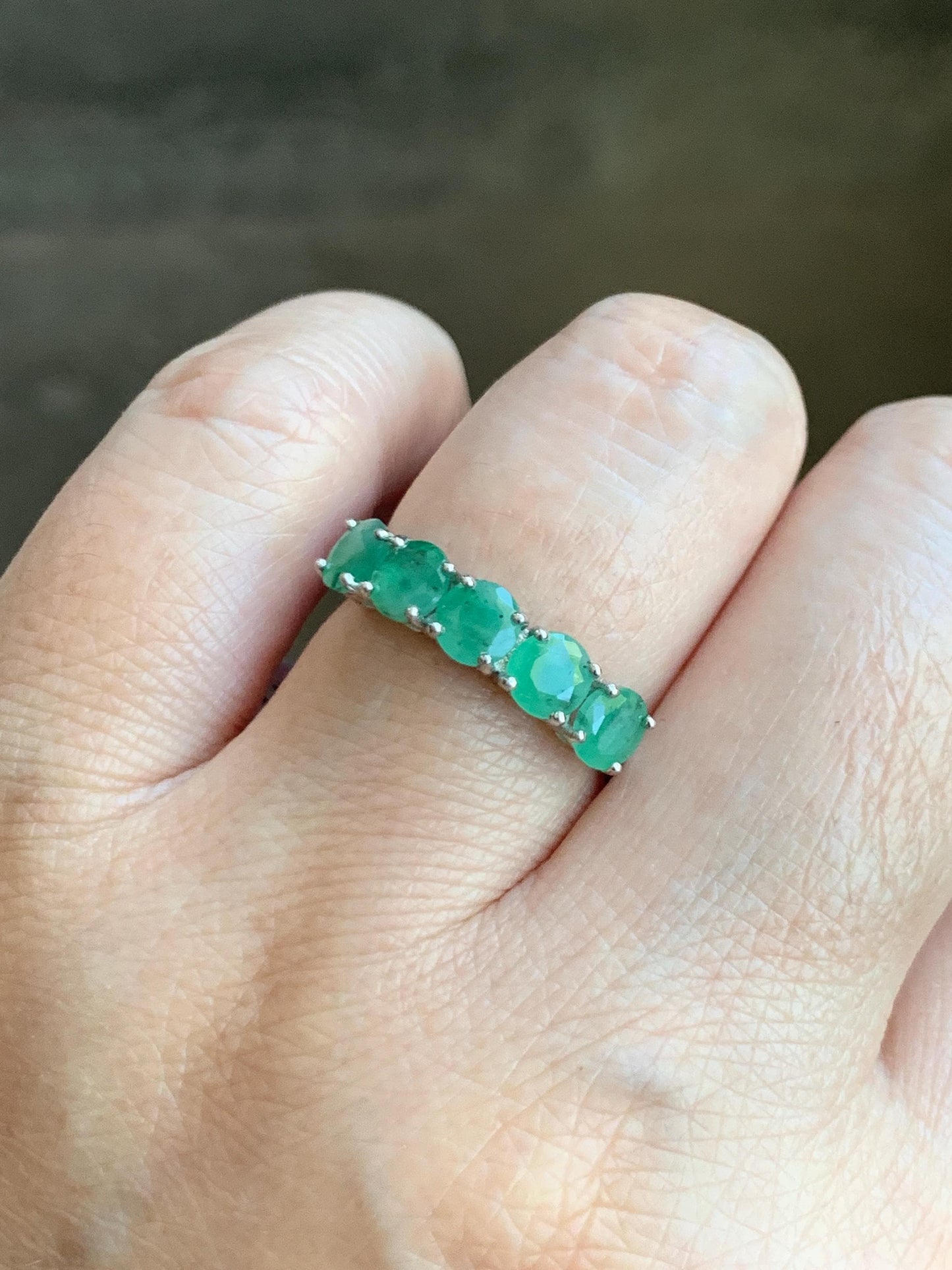 Natural Genuine Zambian Emerald 5-Stone Band Ring Round Brilliant Cut 4.5-4.6mm Sterling Silver Size 7 US 2g c377