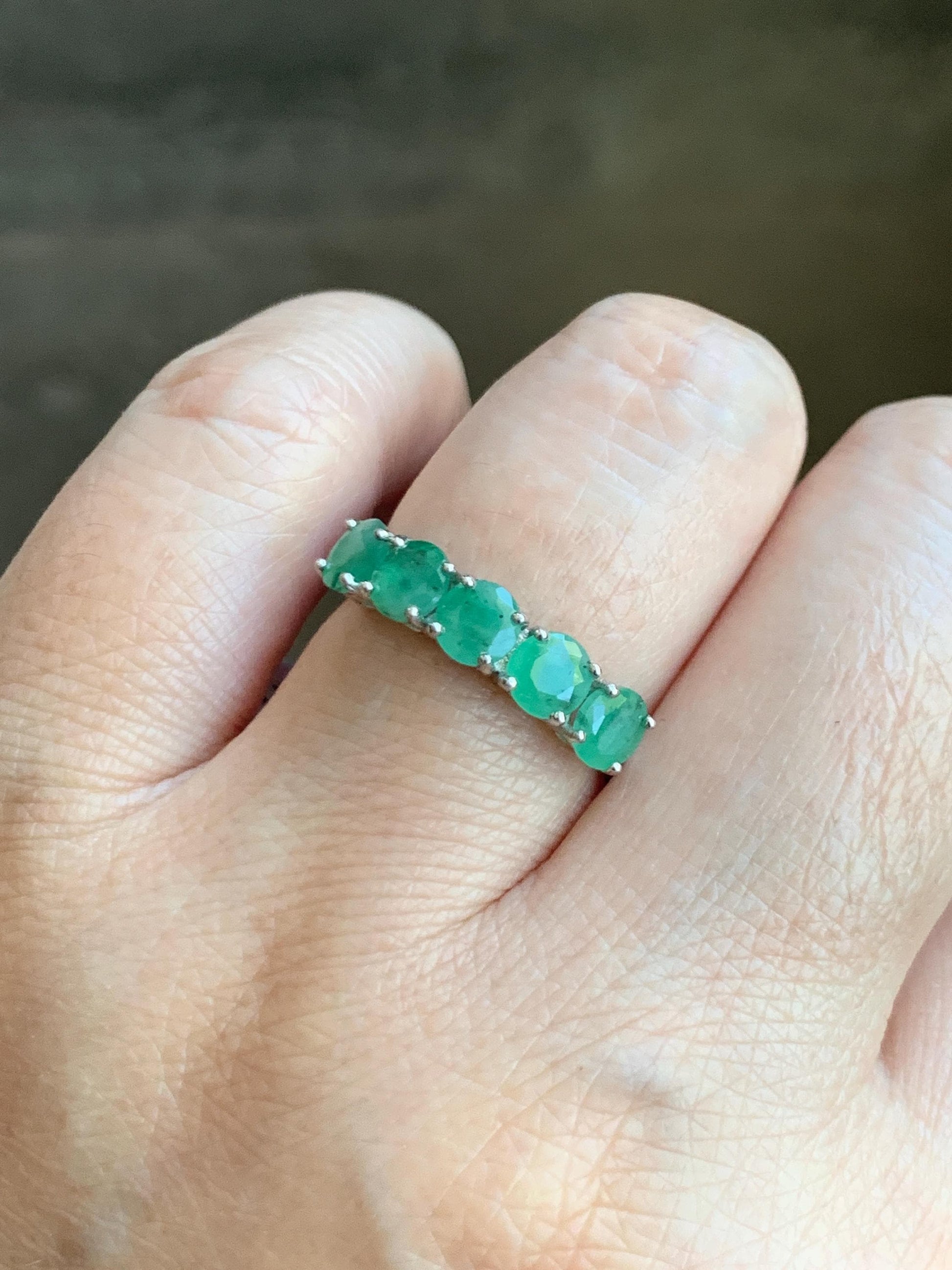 Natural Genuine Zambian Emerald 5-Stone Band Ring Round Brilliant Cut 4.5-4.6mm Sterling Silver Size 7 US 2g c377
