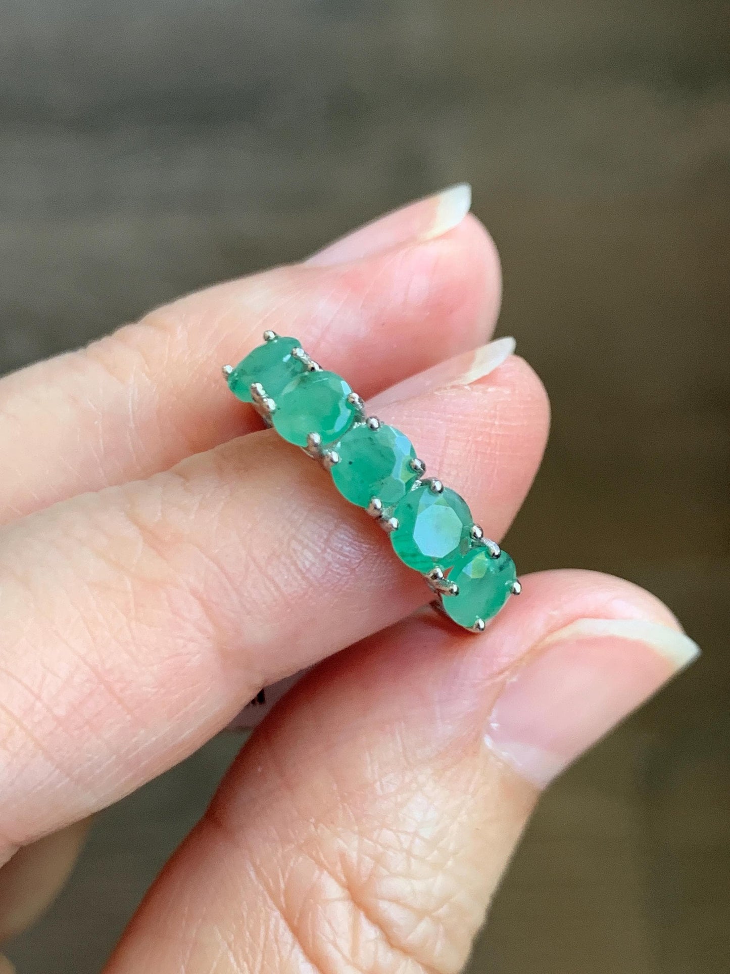 Natural Genuine Zambian Emerald 5-Stone Band Ring Round Brilliant Cut 4.5-4.6mm Sterling Silver Size 7 US 2g c377