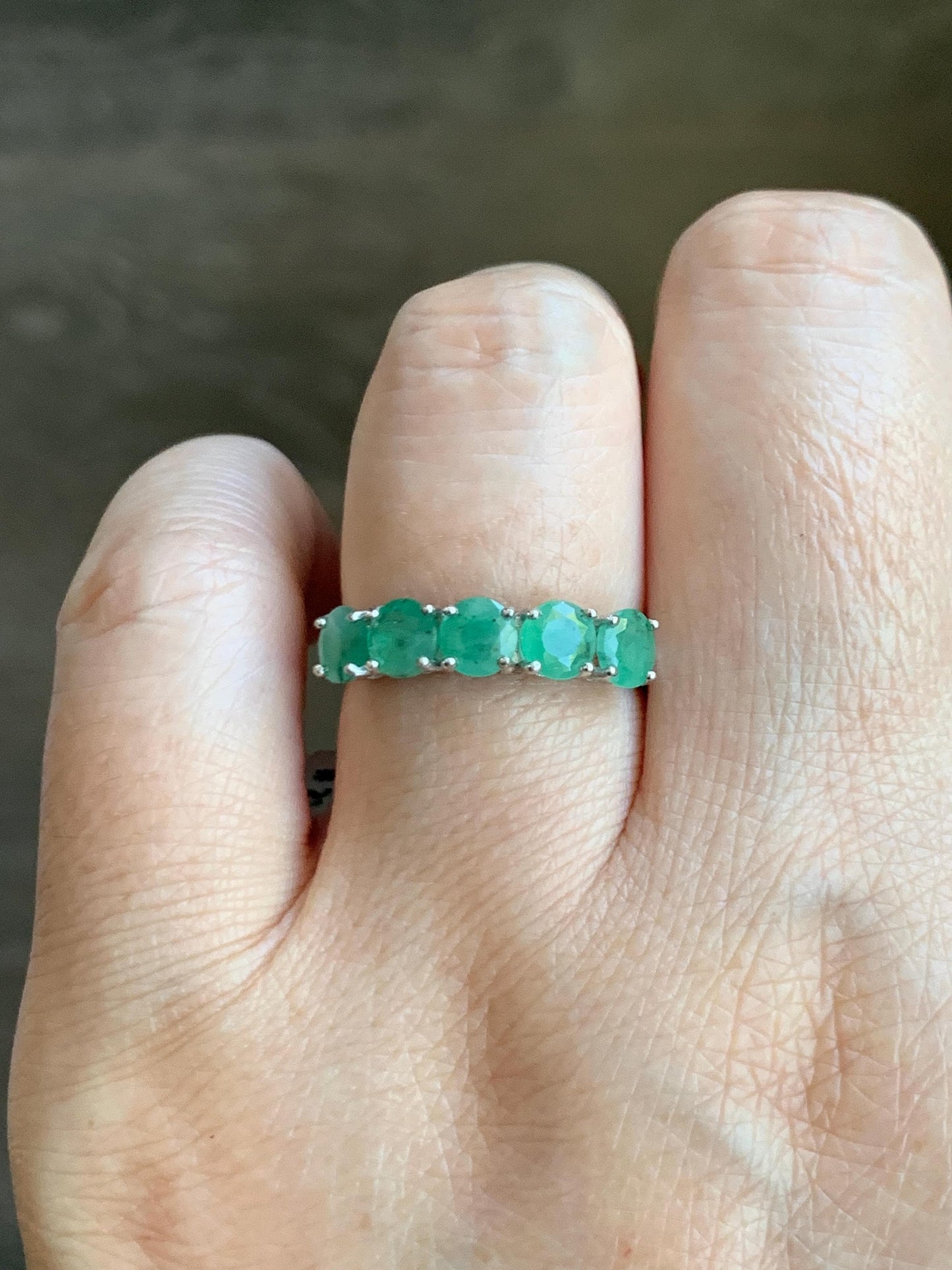 Natural Genuine Zambian Emerald 5-Stone Band Ring Round Brilliant Cut 4.5-4.6mm Sterling Silver Size 7 US 2g c377