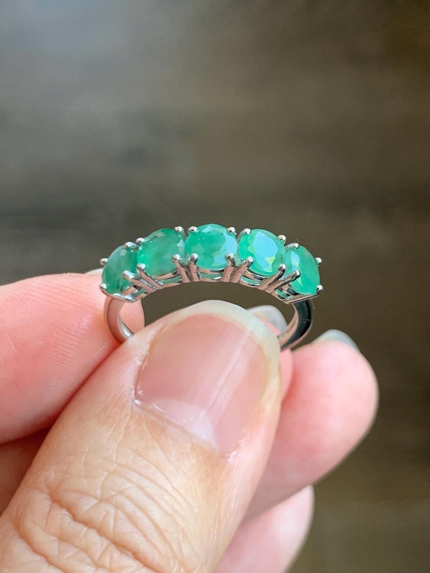 Natural Genuine Zambian Emerald 5-Stone Band Ring Round Brilliant Cut 4.5-4.6mm Sterling Silver Size 7 US 2g c377