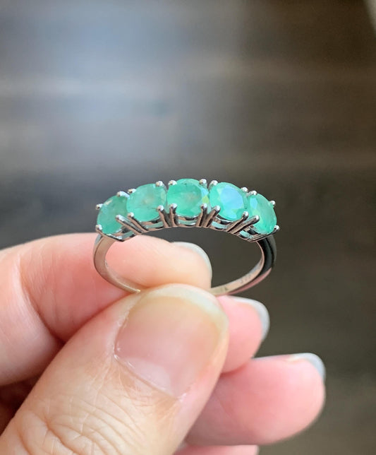 Natural Genuine Zambian Emerald 5-Stone Band Ring Round Brilliant Cut 4.5-4.6m Sterling Silver Size 9 US 2g c379