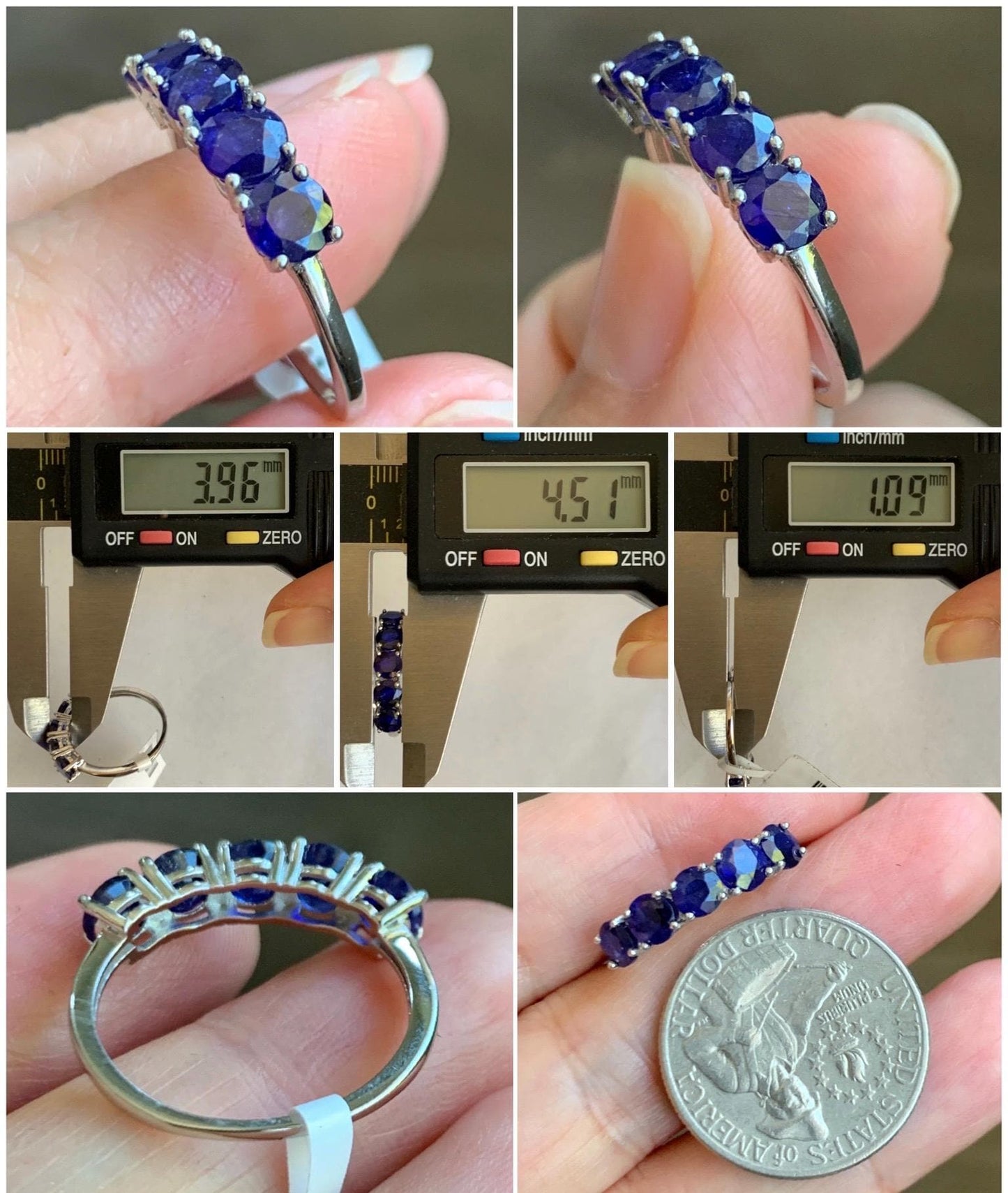 Natural Genuine Dark Blue Sapphire 5-Stone Band Ring Round Brilliant Cut 4.5-4.6mm Sterling Silver Size 7 US 2g c422