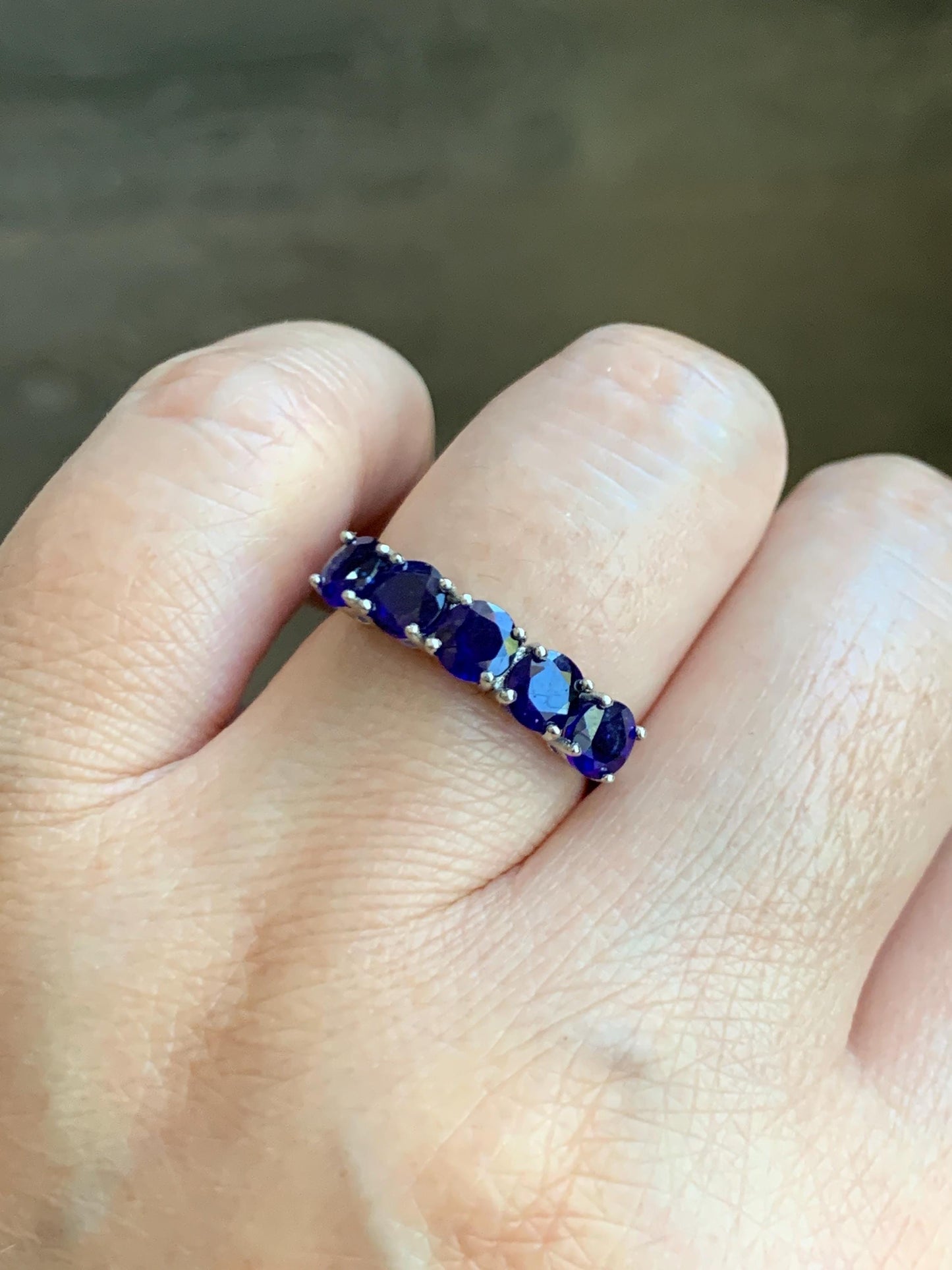 Natural Genuine Dark Blue Sapphire 5-Stone Band Ring Round Brilliant Cut 4.5-4.6mm Sterling Silver Size 7 US 2g c422