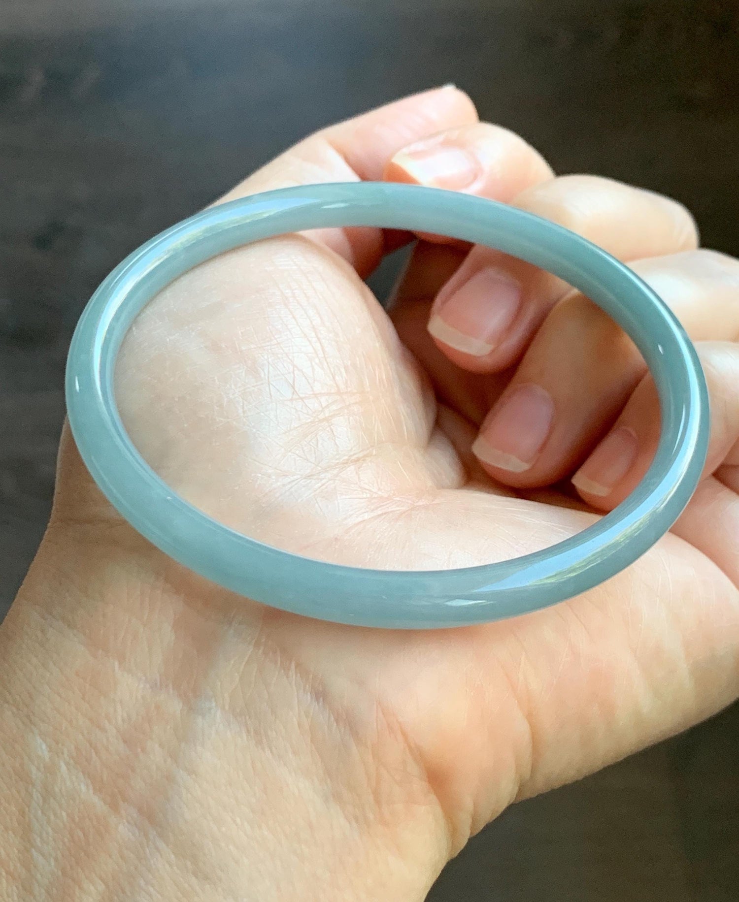 Certified Natural Grade A Guatemalan Icy Translucent Light Dusty Blue Jade Jadeite Bangle Bracelet 61.7mm 7.63" 17.77g 天然危蓝糯冰浅蓝翡翠圆条手镯 8790