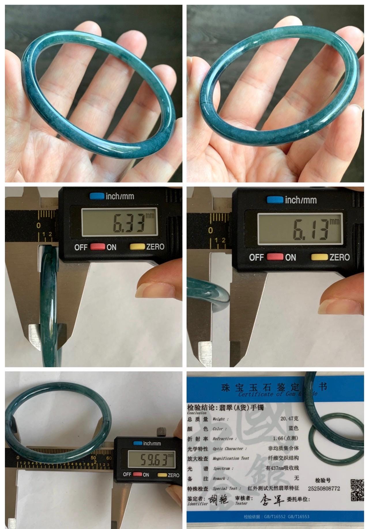 Certified Natural Grade A Guatemalan Icy Translucent Dark Aegean Blue Jade Jadeite Bangle 59.63mm 7.37” 20.47g 天然危深牛仔蓝翡翠细圆条手镯 8772