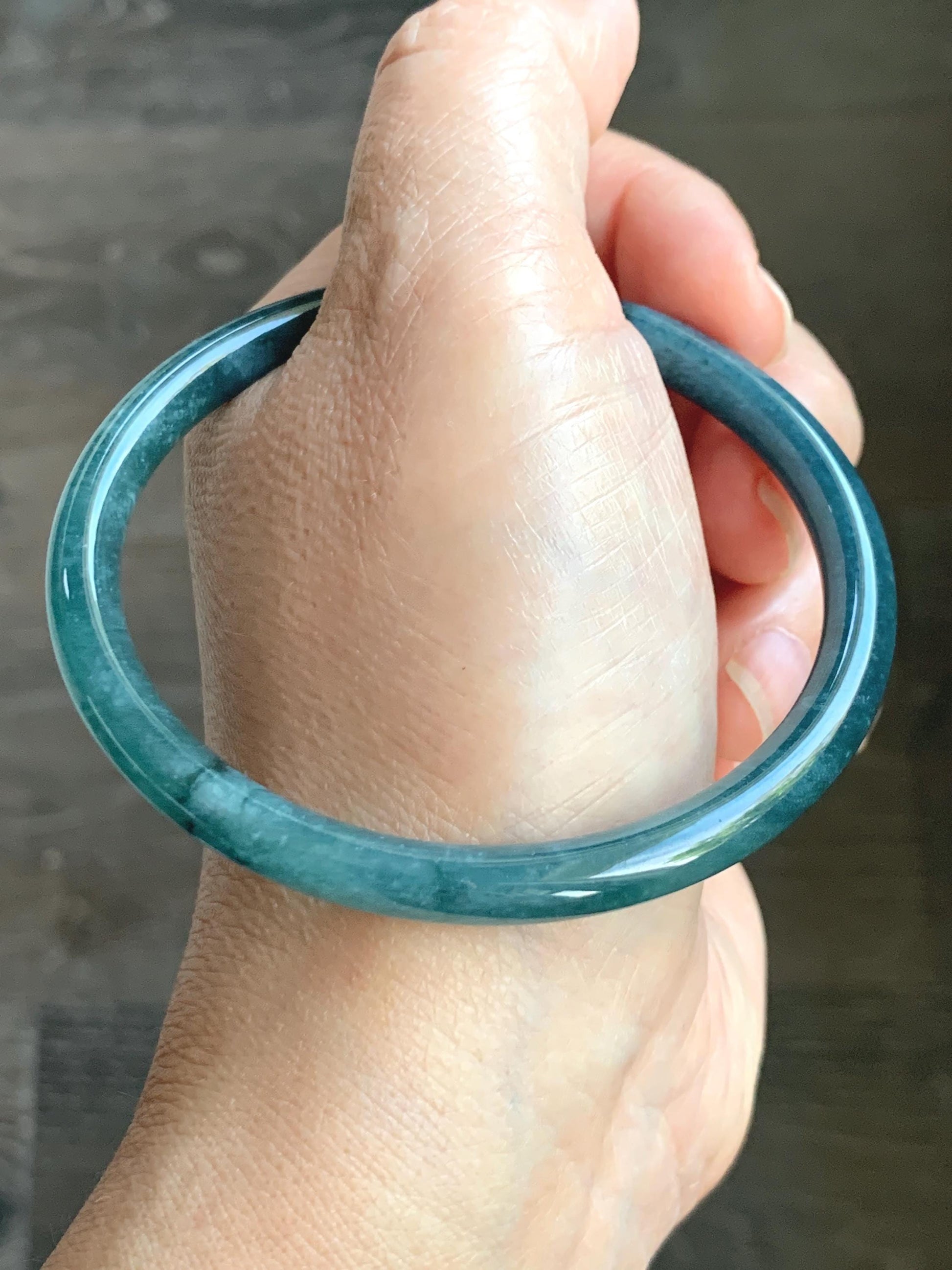 Certified Natural Grade A Guatemalan Icy Translucent Dark Aegean Blue Jade Jadeite Bangle 59.63mm 7.37” 20.47g 天然危深牛仔蓝翡翠细圆条手镯 8772
