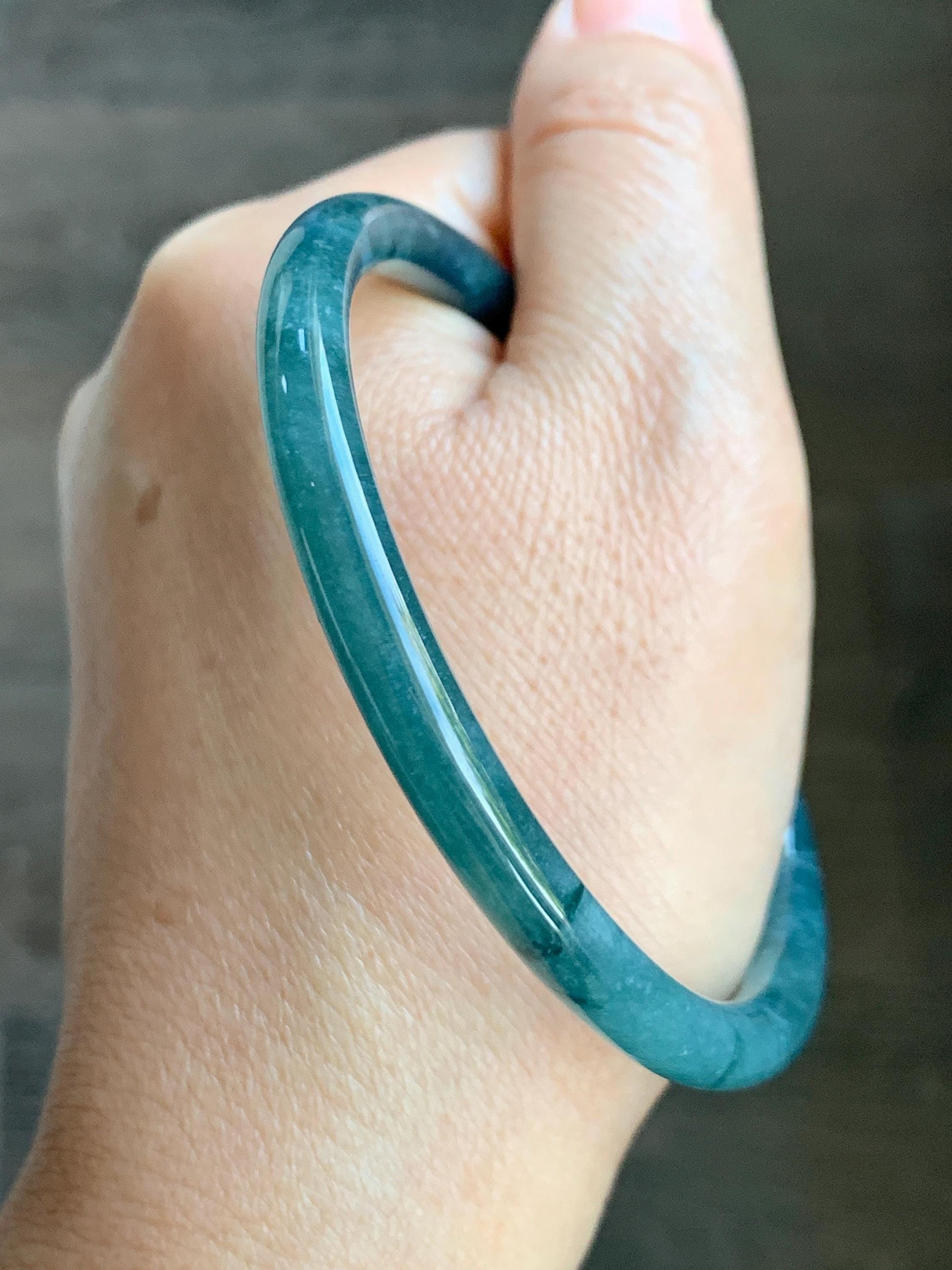Certified Natural Grade A Guatemalan Icy Translucent Dark Aegean Blue Jade Jadeite Bangle 59.63mm 7.37” 20.47g 天然危深牛仔蓝翡翠细圆条手镯 8772