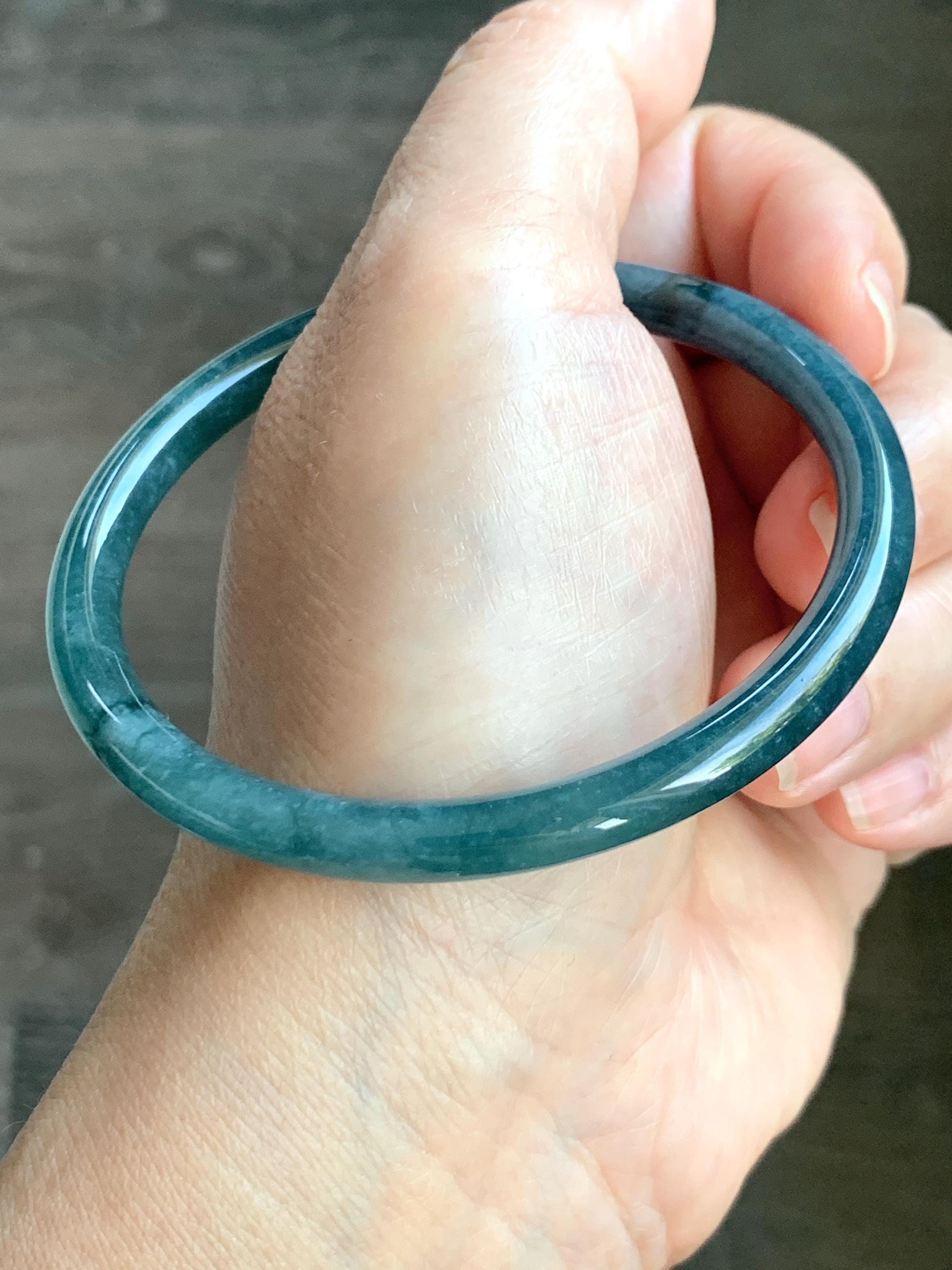 Certified Natural Grade A Guatemalan Icy Translucent Dark Aegean Blue Jade Jadeite Bangle 59.63mm 7.37” 20.47g 天然危深牛仔蓝翡翠细圆条手镯 8772