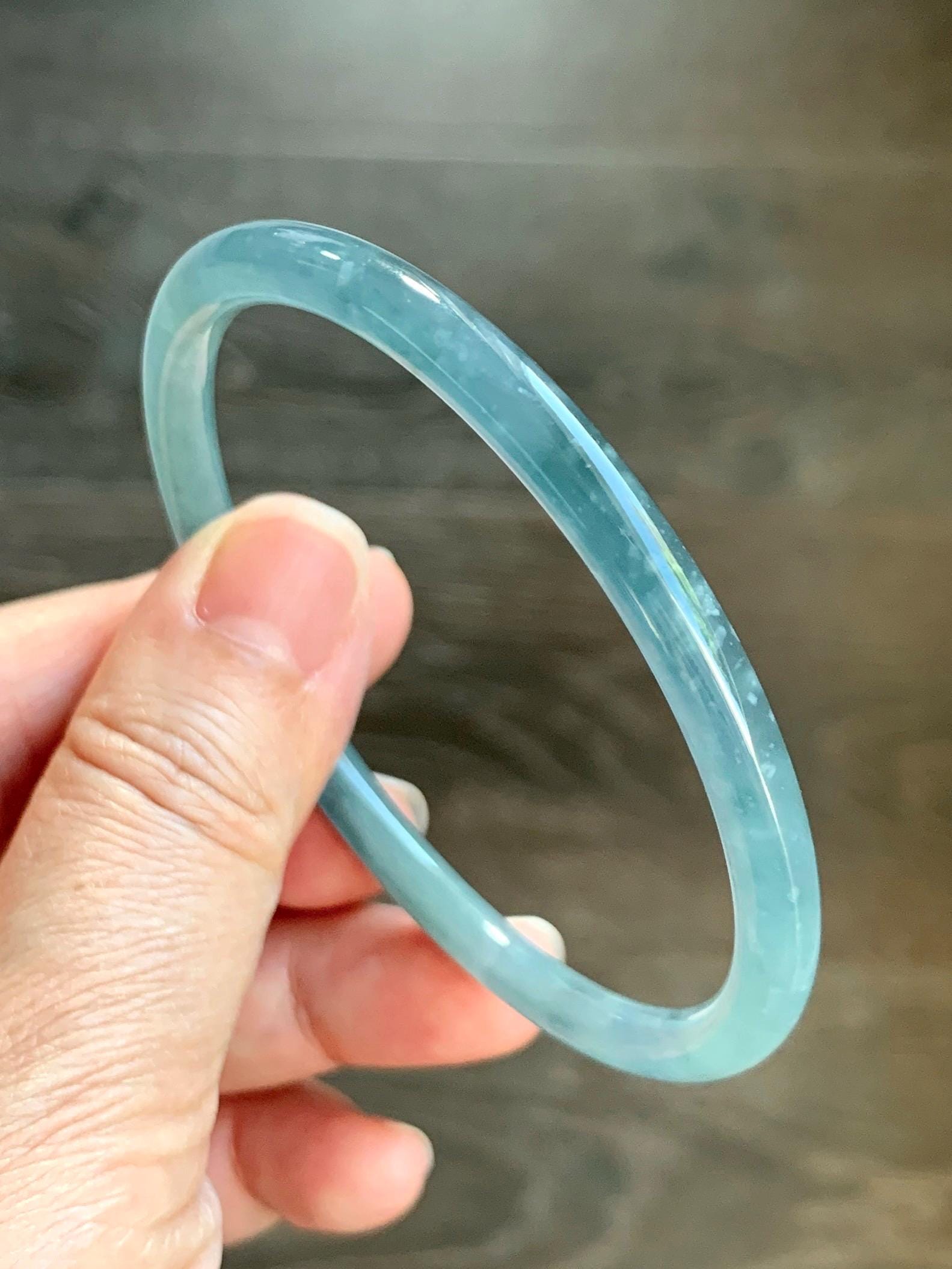 Certified Natural Grade A Guatemalan Icy Translucent Light Dusty Teal Blue Jade Jadeite Bangle 60.56mm 7.48” 16.68g 天然冰危浅蓝翡翠圆条手镯 8763