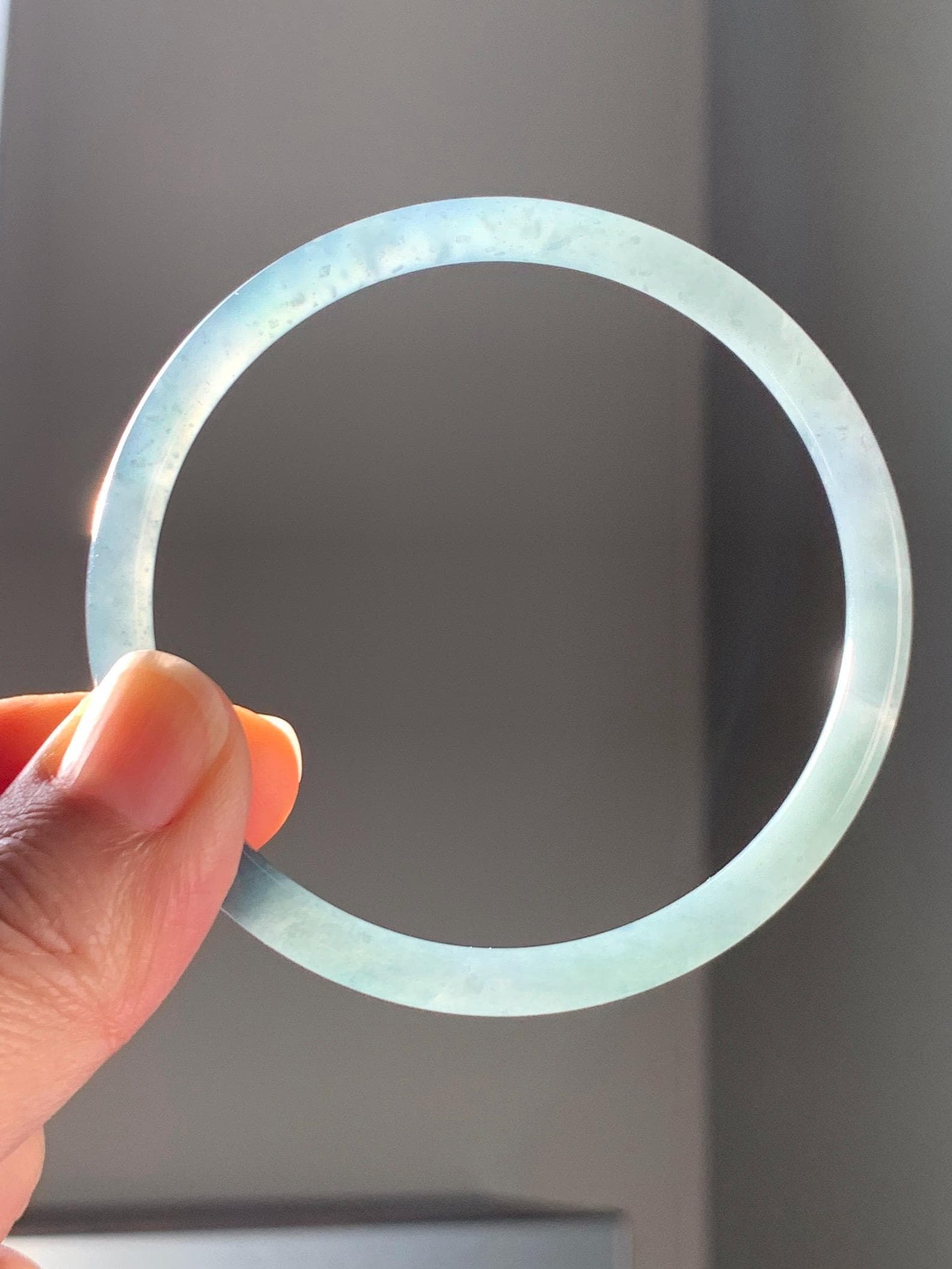 Certified Natural Grade A Guatemalan Icy Translucent Light Dusty Teal Blue Jade Jadeite Bangle 60.56mm 7.48” 16.68g 天然冰危浅蓝翡翠圆条手镯 8763