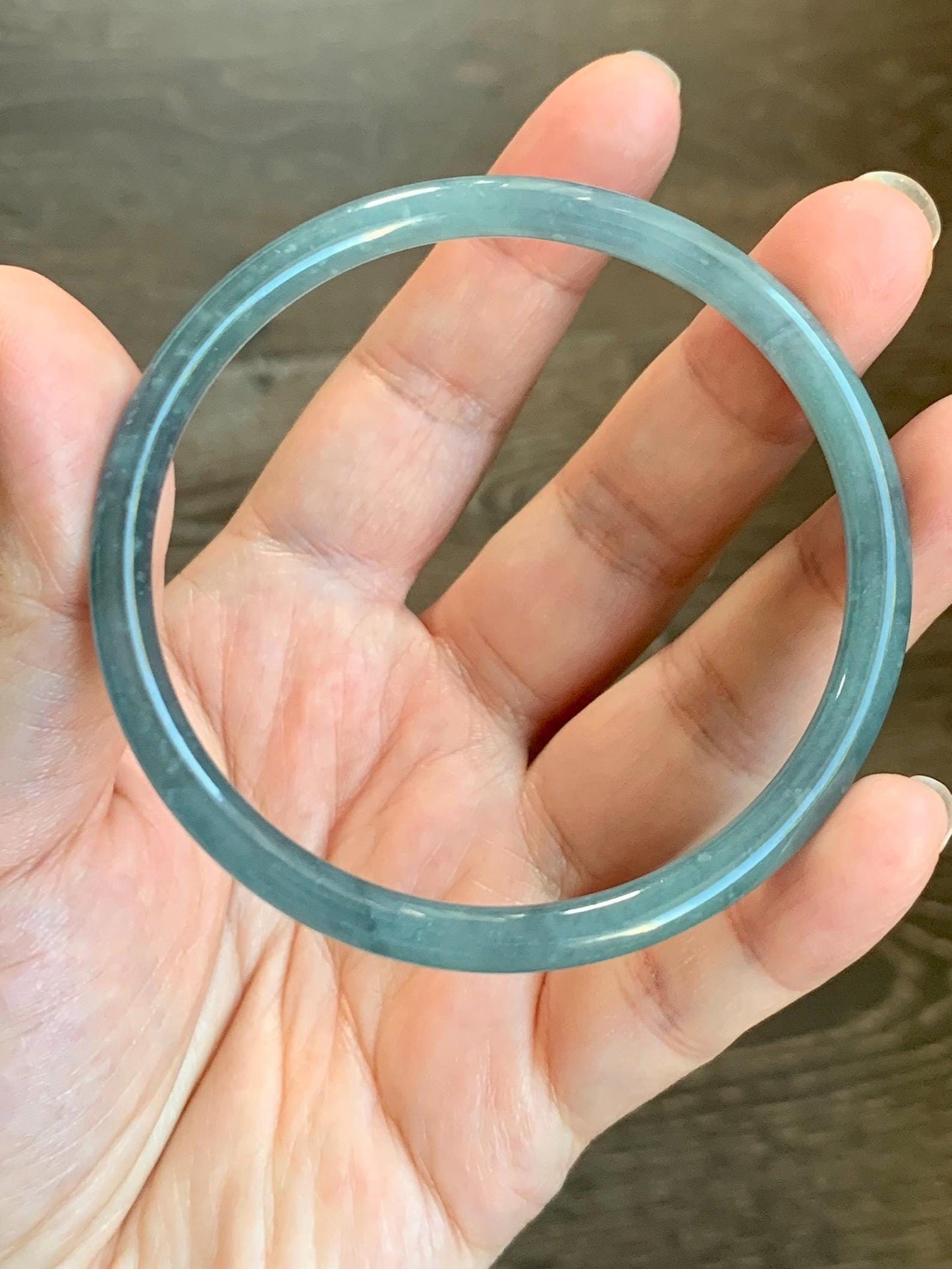 Certified Natural Grade A Guatemalan Icy Translucent Light Dusty Teal Blue Jade Jadeite Bangle 60.56mm 7.48” 16.68g 天然冰危浅蓝翡翠圆条手镯 8763