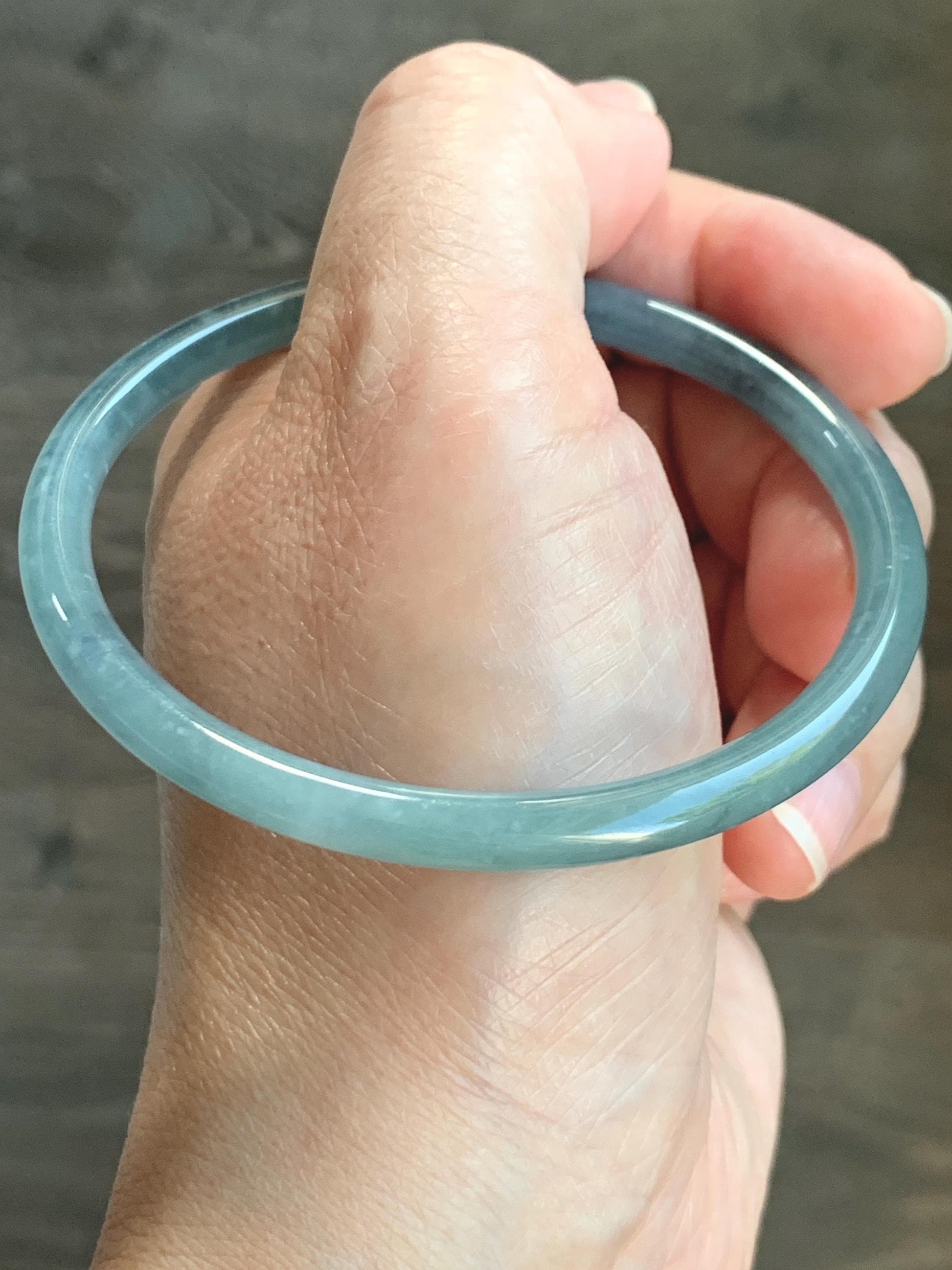 Certified Natural Grade A Guatemalan Icy Translucent Light Dusty Teal Blue Jade Jadeite Bangle 60.56mm 7.48” 16.68g 天然冰危浅蓝翡翠圆条手镯 8763