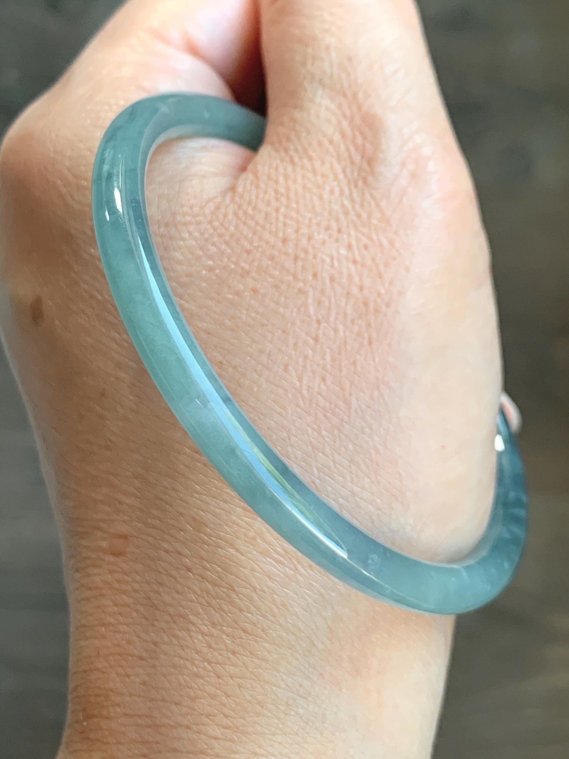 Certified Natural Grade A Guatemalan Icy Translucent Light Dusty Teal Blue Jade Jadeite Bangle 60.56mm 7.48” 16.68g 天然冰危浅蓝翡翠圆条手镯 8763