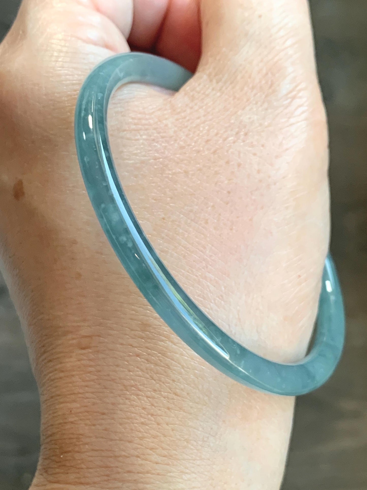 Certified Natural Grade A Guatemalan Icy Translucent Light Dusty Teal Blue Jade Jadeite Bangle 60.56mm 7.48” 16.68g 天然冰危浅蓝翡翠圆条手镯 8763