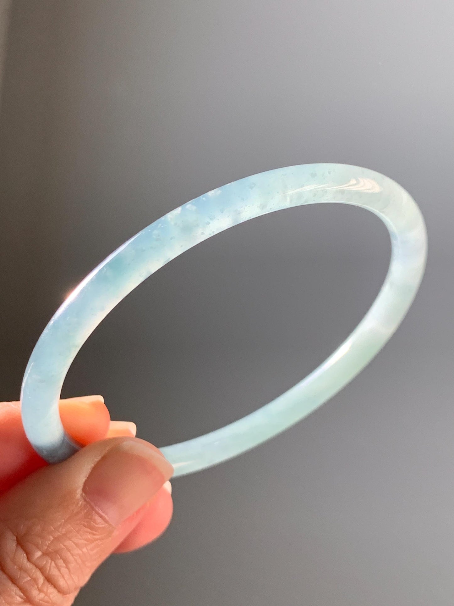 Certified Natural Grade A Guatemalan Icy Translucent Light Dusty Teal Blue Jade Jadeite Bangle 60.56mm 7.48” 16.68g 天然冰危浅蓝翡翠圆条手镯 8763